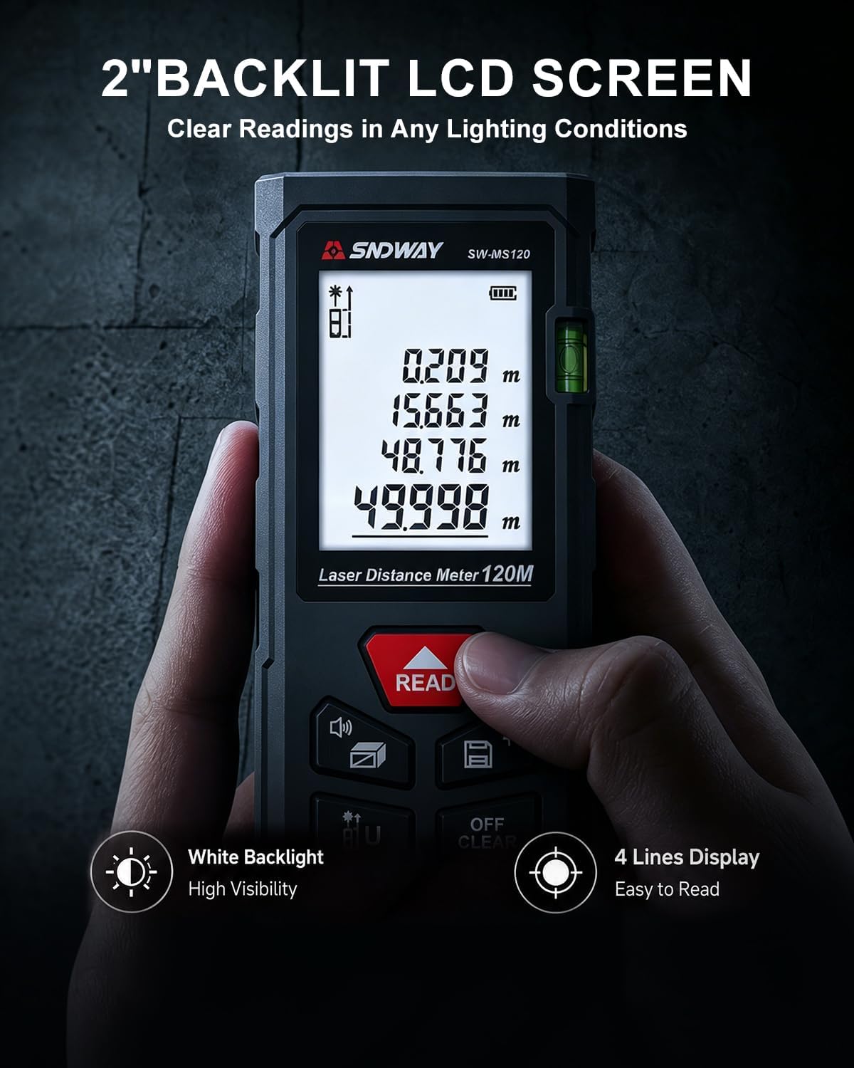 SNDWAY Laser Measuring Tool 393Ft with Bubble Levels and ±1/16" Accuracy | 2.0" Backlit Display, Area Measurement,Volume and Pythagoras for Indoor&Outdoor