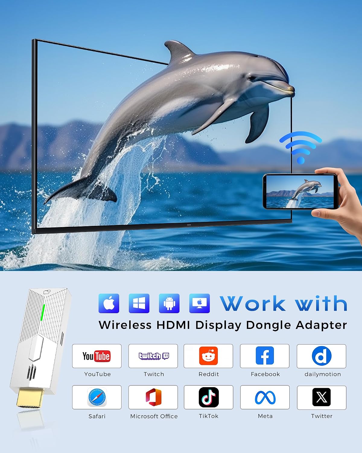 2026 Upgrade Wireless Display Dongle Adapter, Portable Transmitter 1080p HDMI Streaming, AirPlay/Miracast, 5GHz WiFi | Plug & Play for Smartphone/PC/TV/Projector