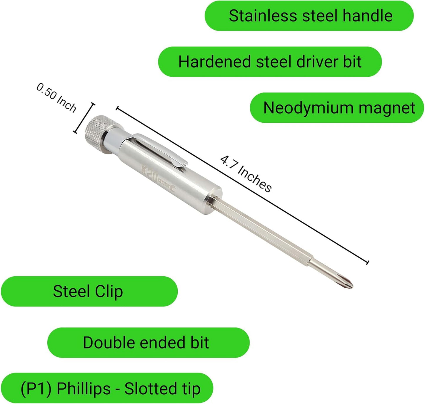 Pocket Screwdriver with Clip and Magnet - Phillips and Slotted-Flat Head - Small Tool with Magnetic Tip (Stainless Steel)