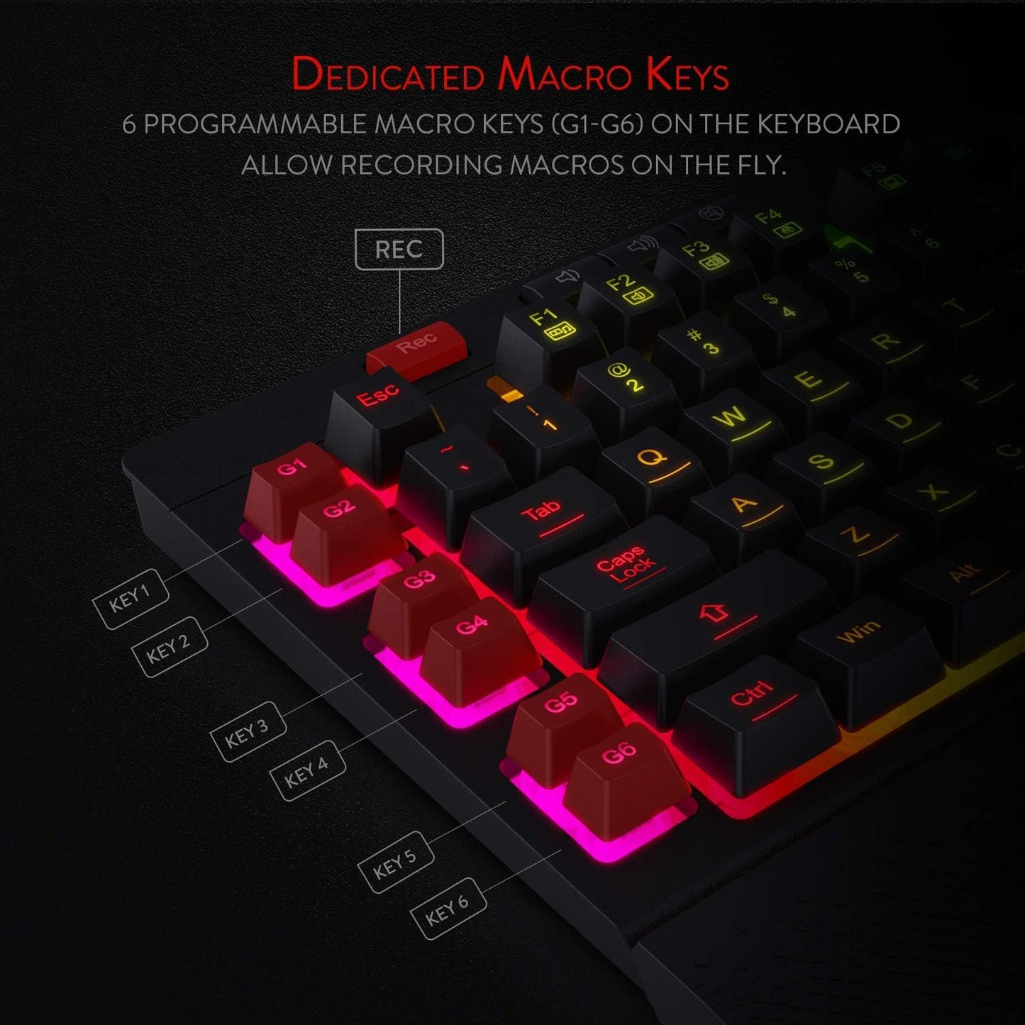 Redragon K512 RGB Membrane Gaming Keyboard, 6 Macro Keys & Easy Media Wheel | Dedicated Scroll Controls, No Software Needed 6 On-the-Fly Combos for Extensive Games, 13 Backlight Modes, Wrist Support