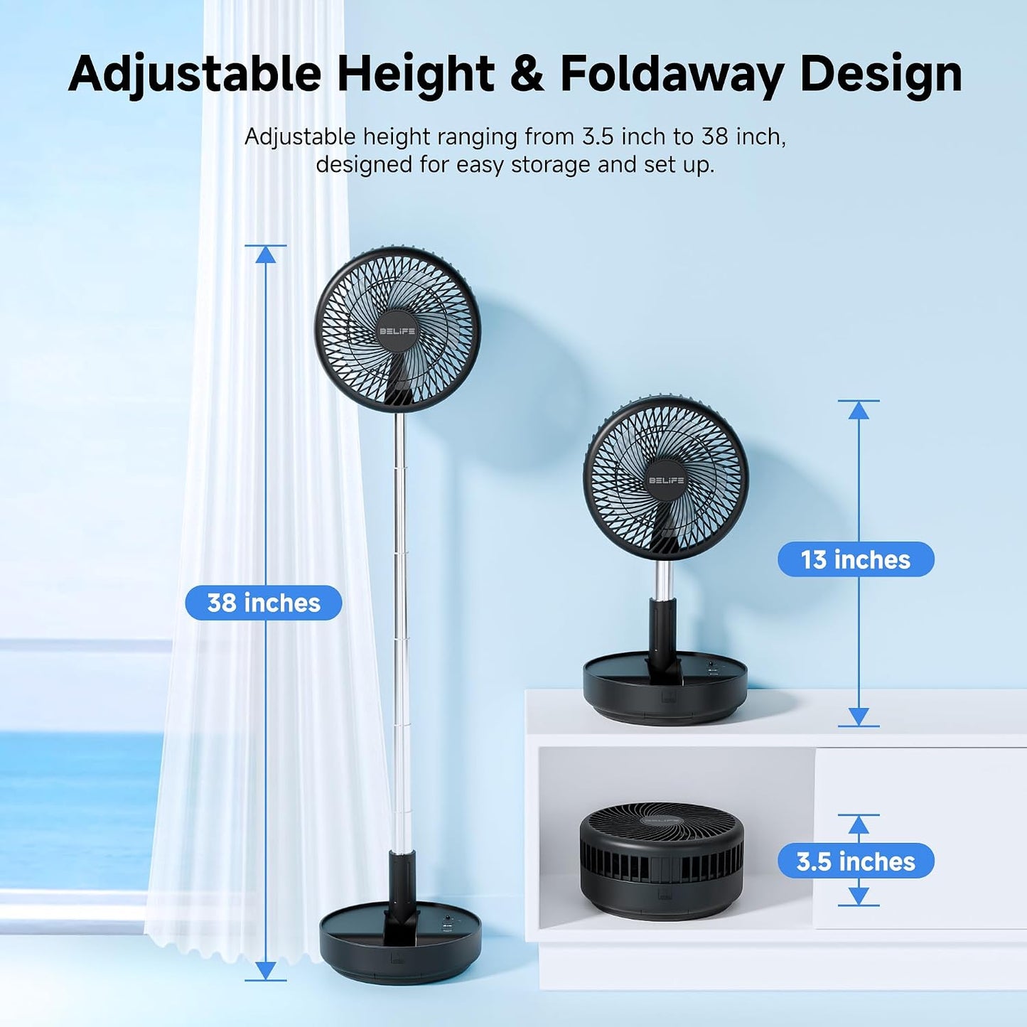 Belife X8 Portable Oscillating Camping Fan for Travel | 7200mAh Rechargeable Battery Powered Fans, USB Desk Fan with Remote, Foldable Cordless Floor Fan for Bedroom, 7.7"