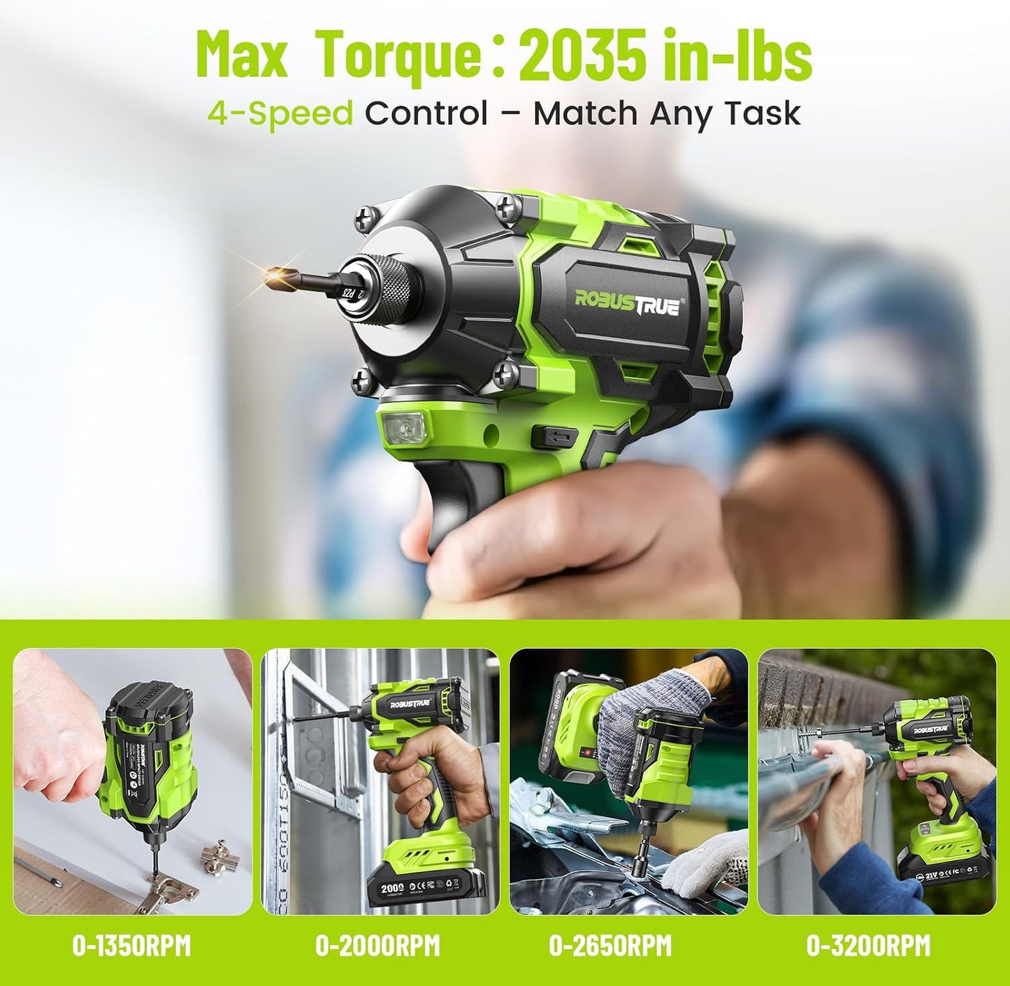 Robustrue 21V Cordless Drill & Impact Driver Combo Kit, 3/8" Drill & 1/4" Impact Driver, 2×2000mAh Batteries, Fast Charger, 16-Piece Bit Set for DIY Projects, Furniture Assembly & Home Repairs