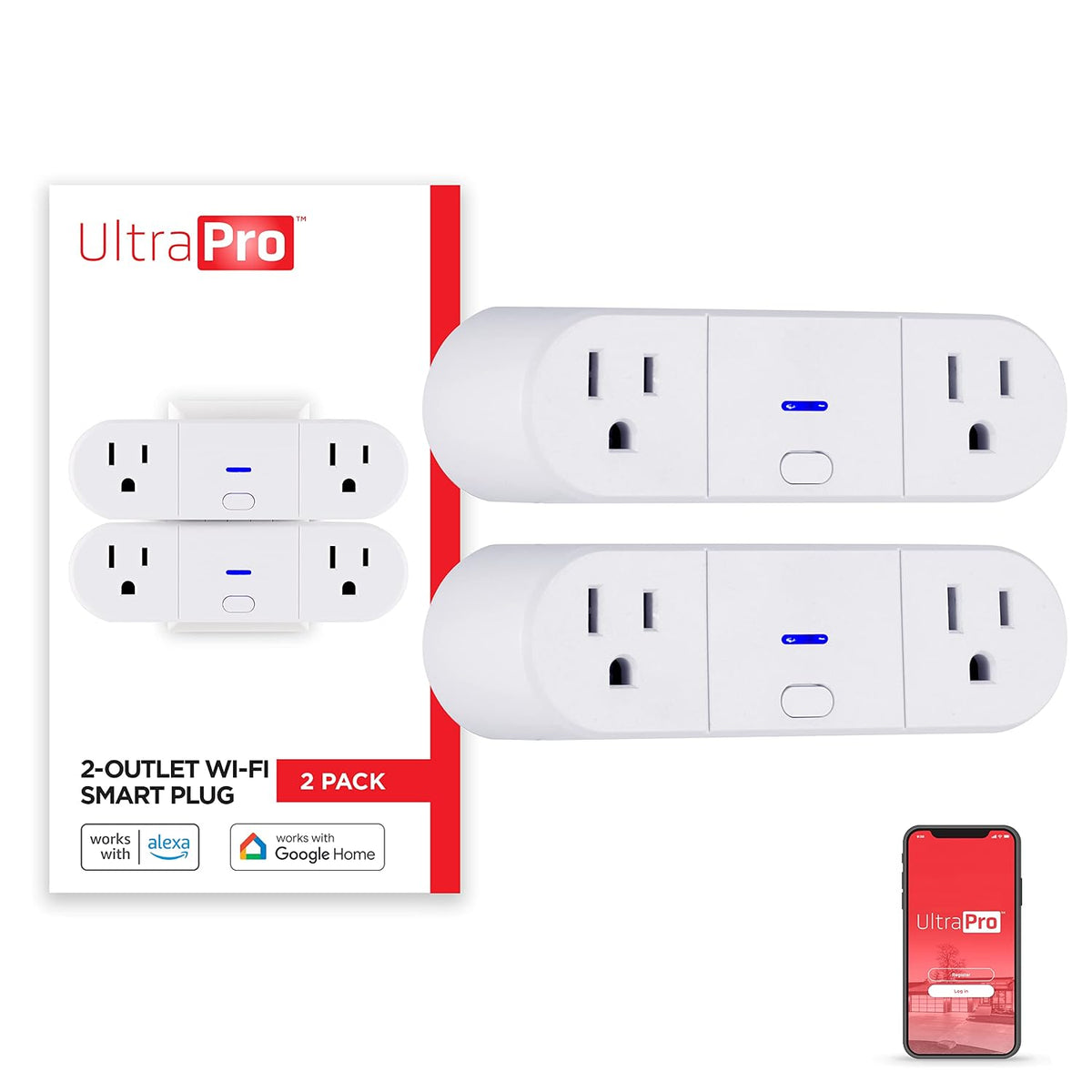 UltraPro Indoor Smart Plug, 2 Grounded Outlets, White, 2 Pack