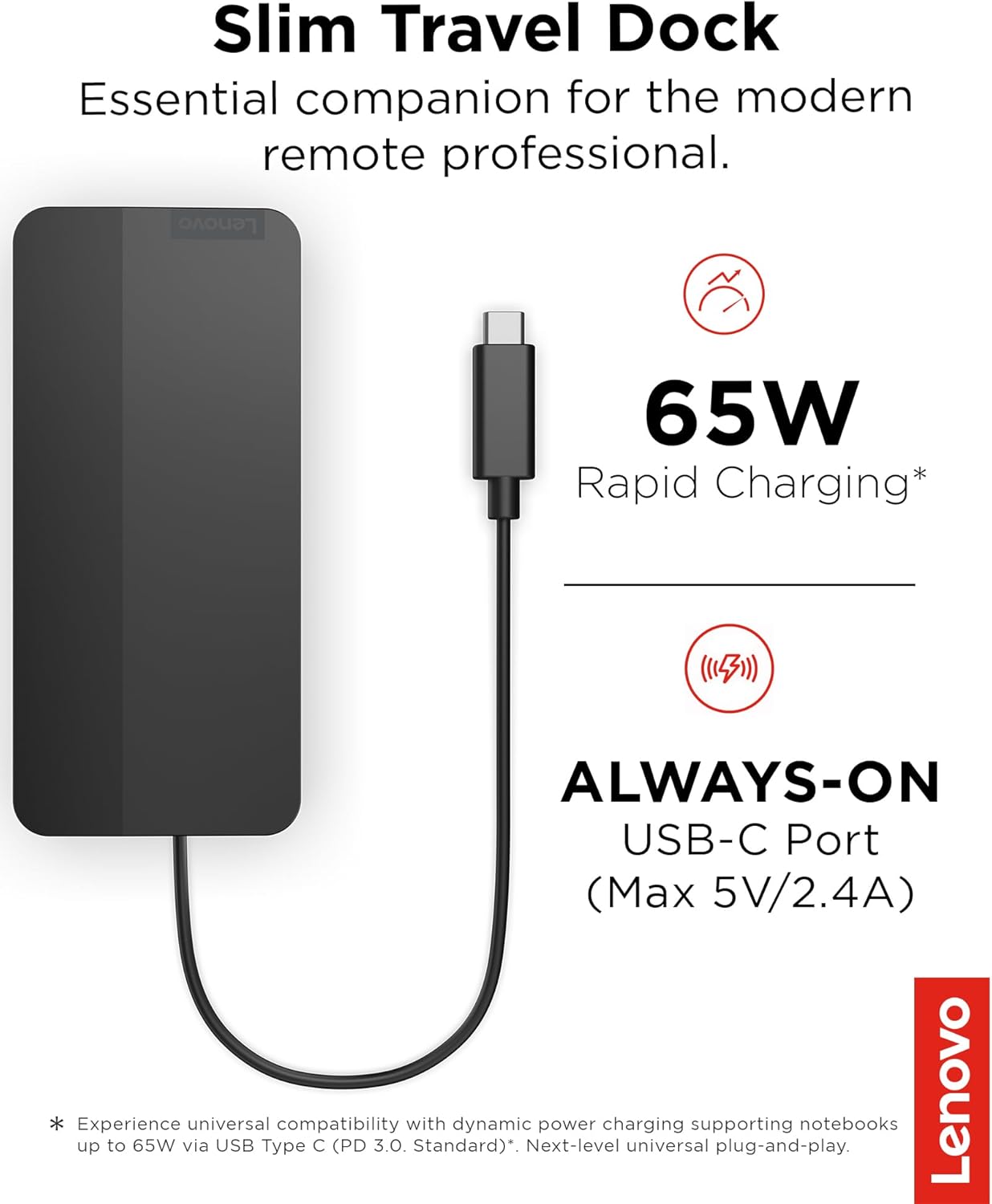 Lenovo USB-C Slim Travel Dock, 8 Ports, Up to 65W PD Pass Through, Integrated USB-C Cable, 4K Display Support, Black