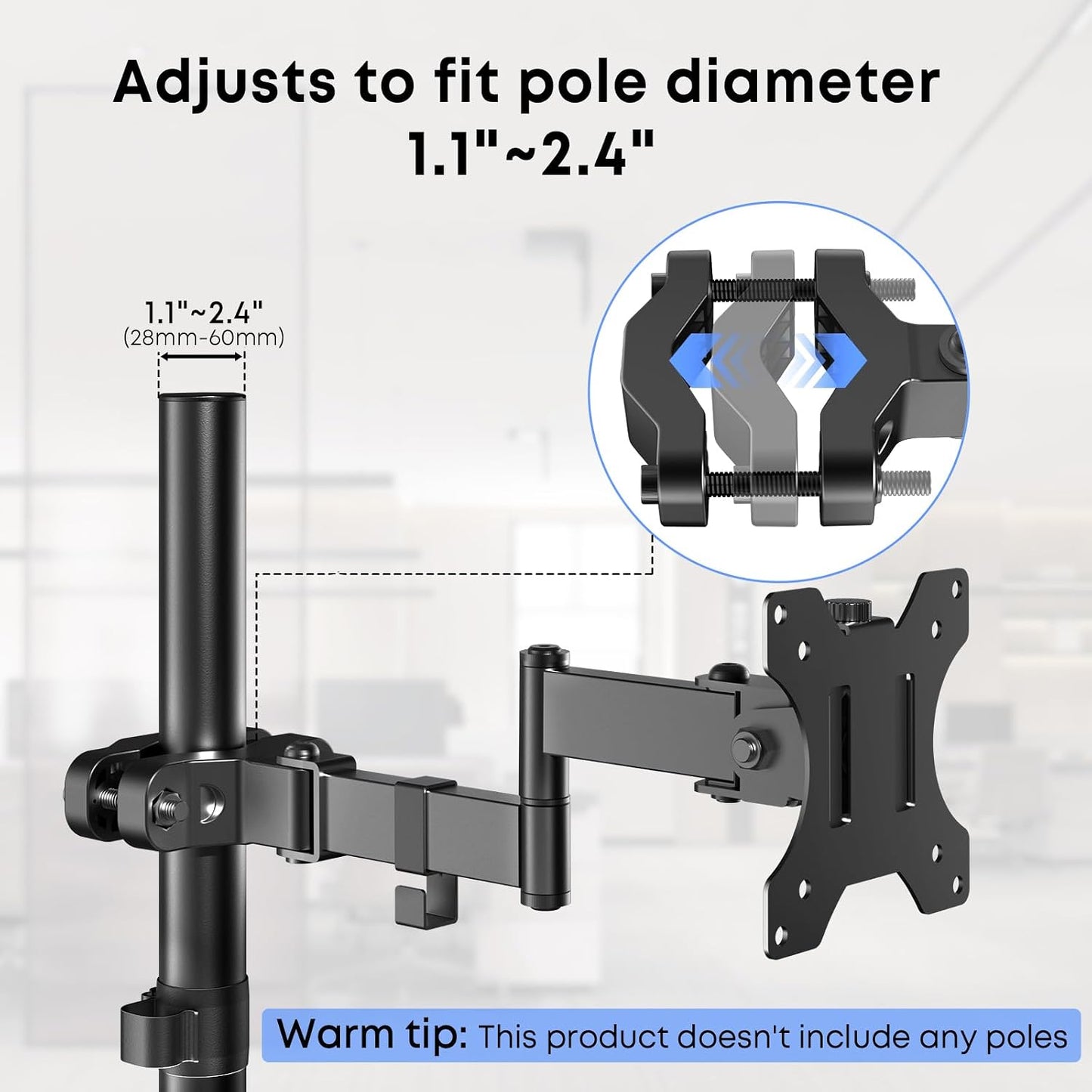 Pole Mount Monitor Arm for 17-32" Screens,17.6 lbs, VESA 75/100mm | Easy Clamp-on VESA Mount , Perfect Solution When Wall or Desk Mounting Isn't Possible, Black