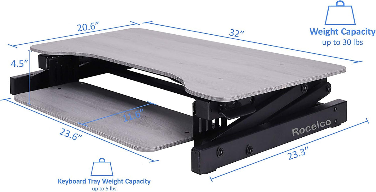 Rocelco 32" Height Adjustable Standing Desk Converter - Quick Sit Stand Up Dual Monitor Riser - Gas Spring Assist Tabletop Computer Workstation - Large Retractable Keyboard Tray - Grey (R ADRG)