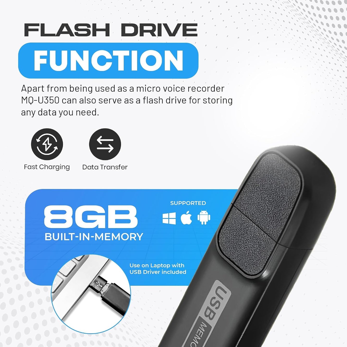 USB-C Audio Note Device for Meetings, Lectures, and Personal Notes, 288-Hour Storage, Easy Playback on PC and Mac, Compact Design with Magnetic Cap