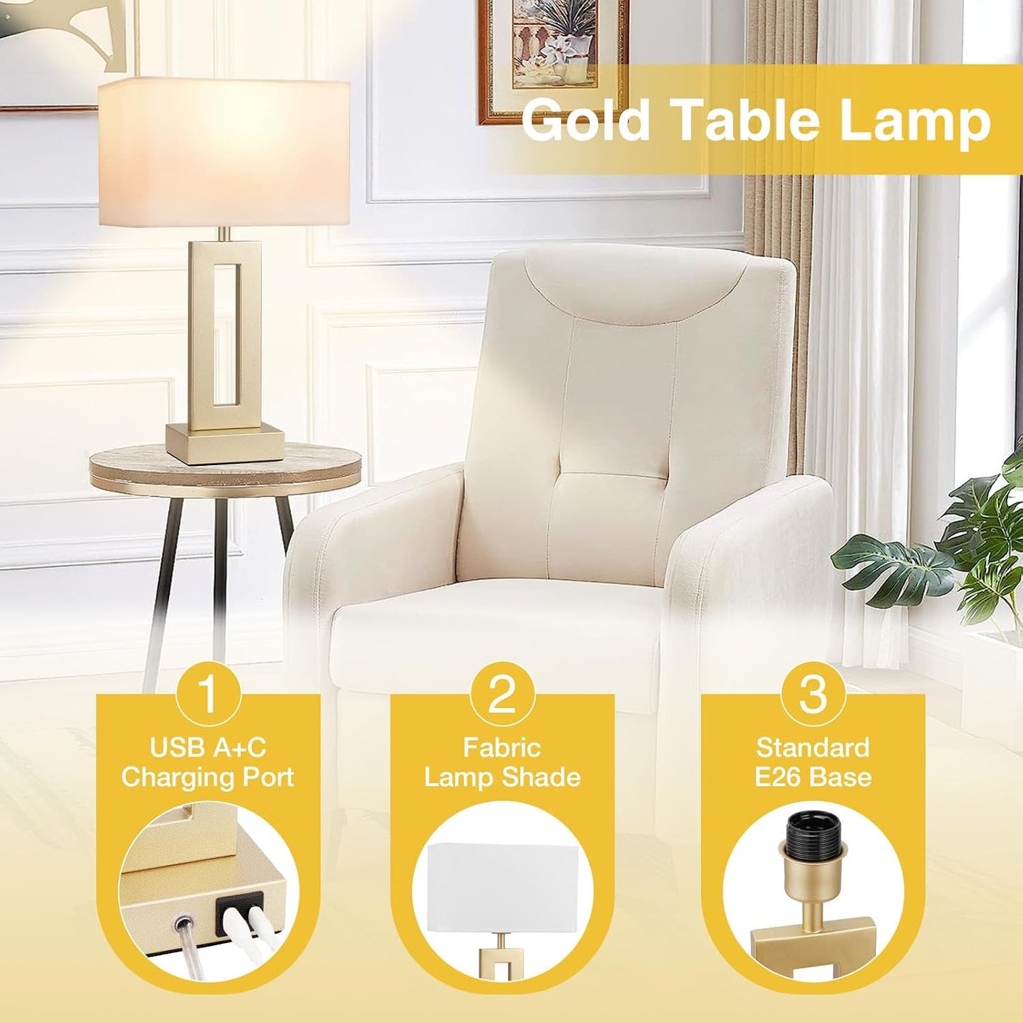 Gold Table Lamps Set of 2, 16.4" Bedside Lamps for Nightstand with USB C+A | 3 Way Dimmable, Touch Night Stand Lamp with Charging Station for Beroom, Dorm, Living Room, Desk, LED Bulb Included