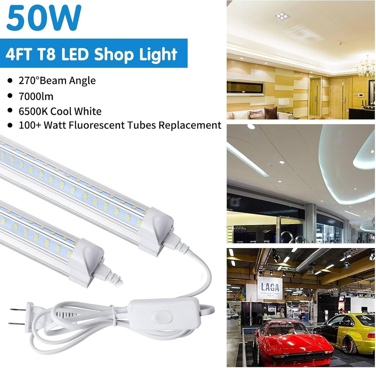 Led Shop Lights,Led Shop Lights 4FT 50W 6500K 7000LM Clear White,Shop Light 4FT 110V Linkable Integrated V-Shape for Shop Garage,Warehouse,Workbench and Workshop Commercial Bay Lighting(6-Pack)