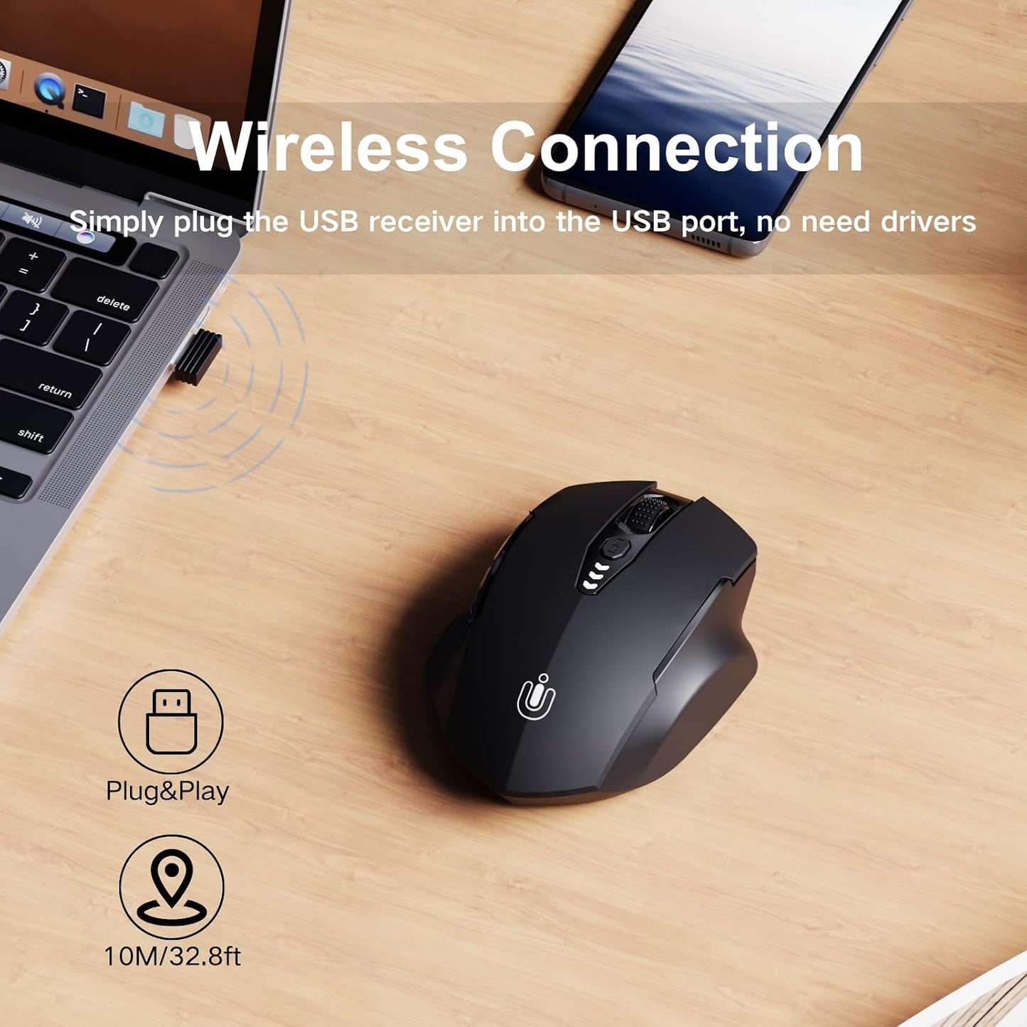 Uineer Wireless Mouse, 2.4GHz Rechargeable Computer Mouse, Battery Display | Stable 2.4GHz USB-A connection, rechargeable battery display and 4 adjustable DPI levels.