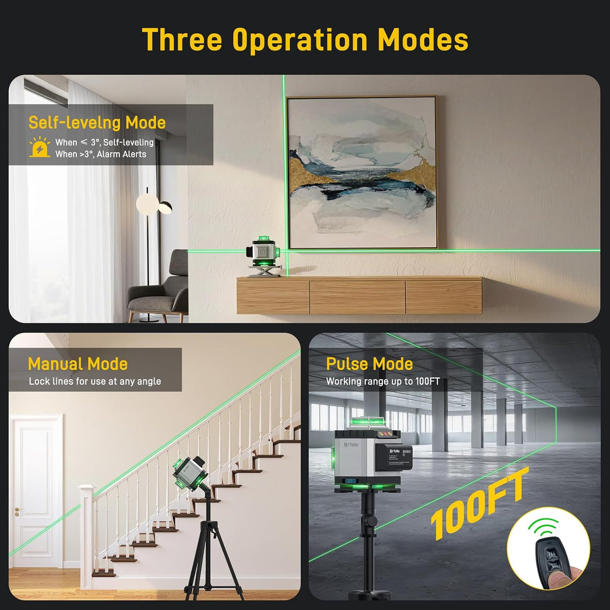 Laser Level, MrToNo 4 x 360 °laser level 360 self leveling 16 Lines 4D | tool Green 360 laser level , for Construction, Ceiling, Tiling, Framing, Home Renovation, Picture Hanging