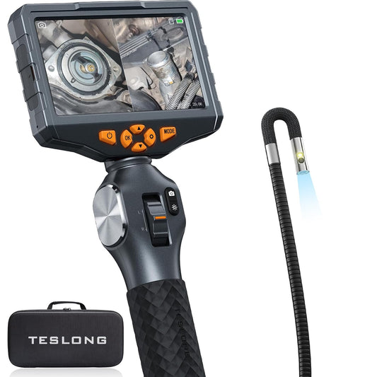 Teslong TD500 6.5mm Articulating Borescope with Dual Lens Endoscope | Mechanic Automotive HVAC Wall Inspection Tool, 5" IPS Screen, 6+1 LED Lights, 1.0MP HD, 32GB, IP67 Waterproof, Carrying Case