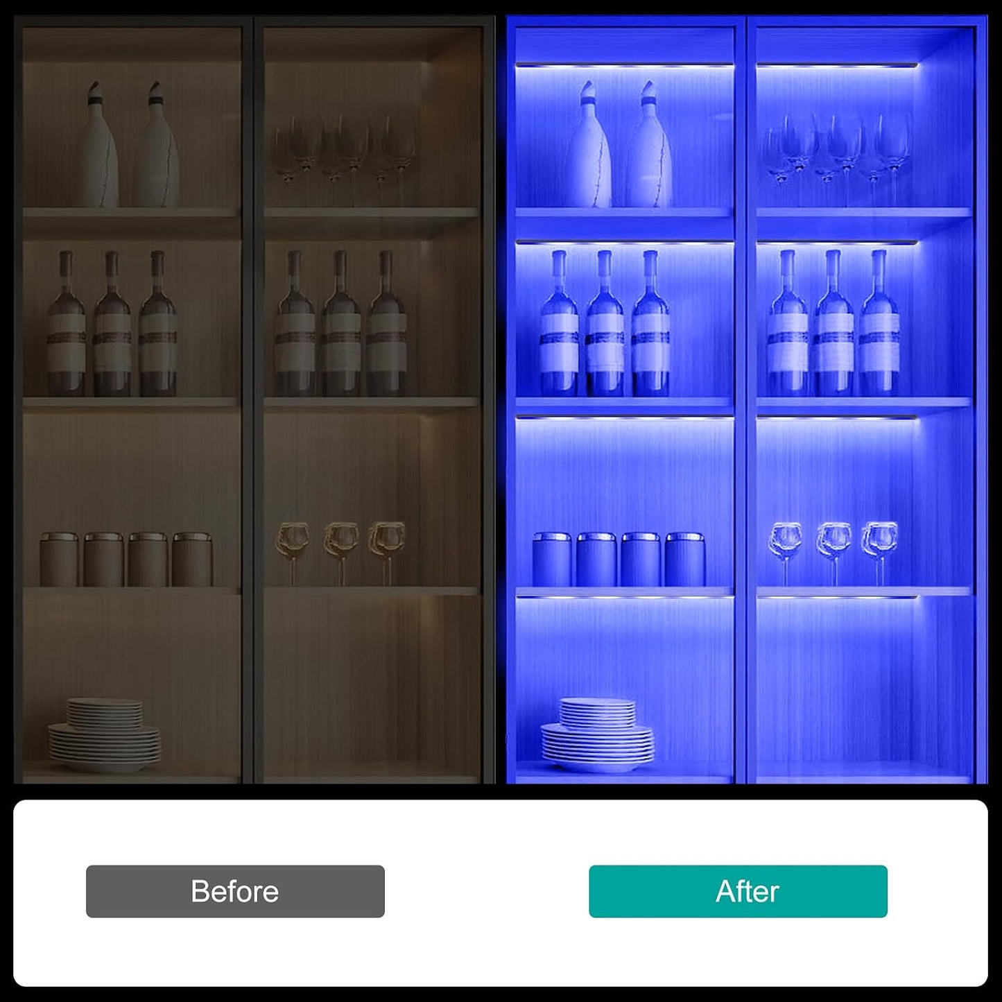 JUSJUBR RGB Shelf Lights, 4 PCS 12 Inch LED Light Bars for Night Ambient Lighting, Multiple Colors and Lighting Modes, App & Remote Control, Mood Lighting for Shelves, Cabinets, Display Cases, Desks