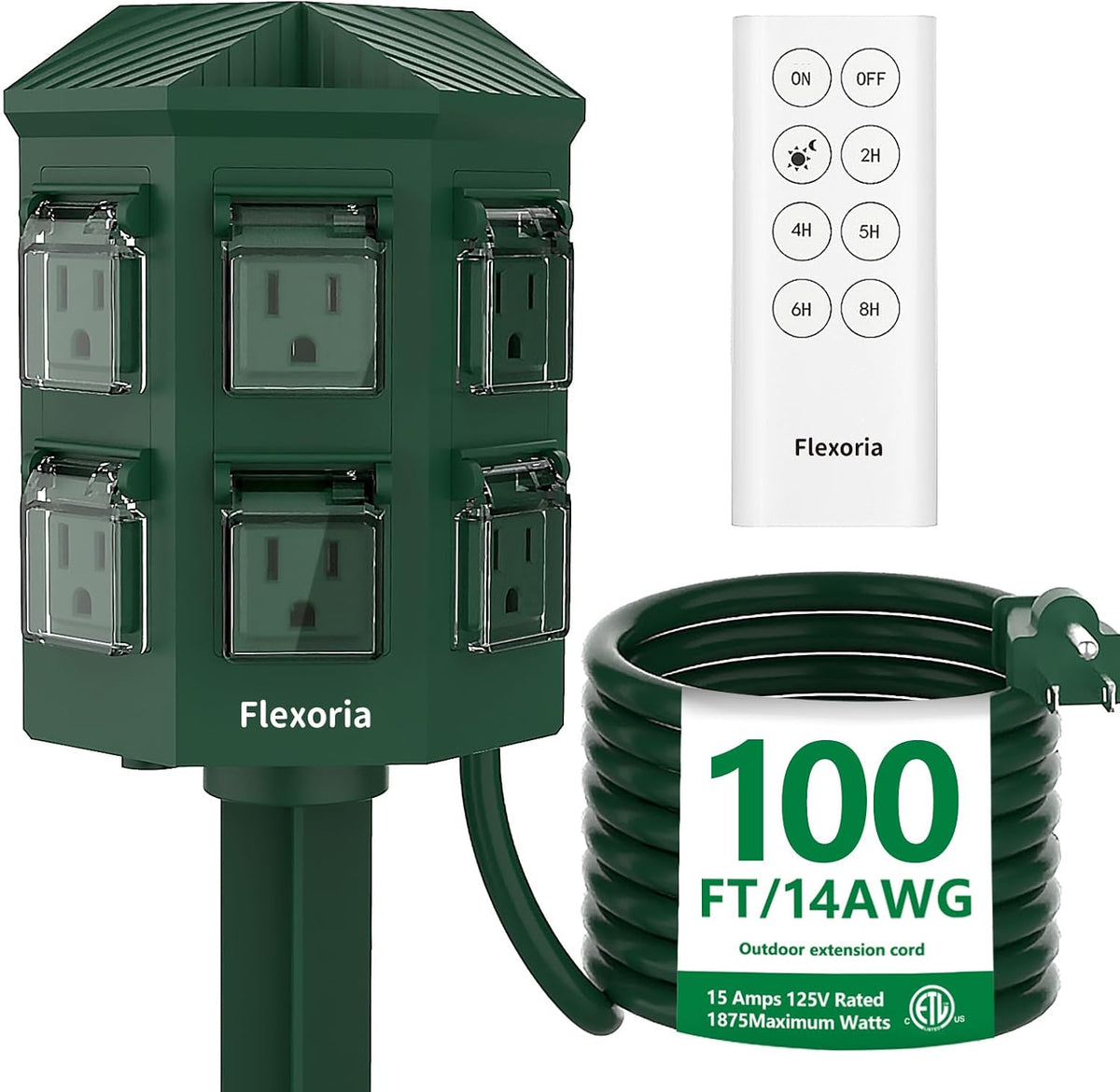 Outdoor Power Stake Timer, Remote Control Dusk to Dawn Light Timer, 100 FT Extension Cord Waterproof, 6 Grounded Outlets for Graden and Yard Decorations, ETL Listed