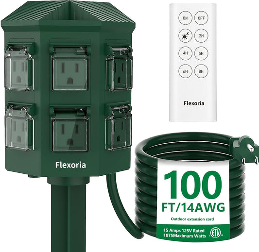 Outdoor Power Stake Timer, Remote Control Dusk to Dawn Light Timer, 100 FT Extension Cord Waterproof, 6 Grounded Outlets for Graden and Yard Decorations, ETL Listed