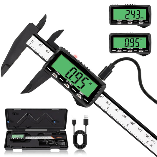 HARDELL Rechargeable Digital Caliper 6" Plastic Calipers Green Screen | High-Contrast Everyday Caliper Measuring Tool Inch/MM Auto-Off Woodworking DIY Jewelry Household Non-Backlight