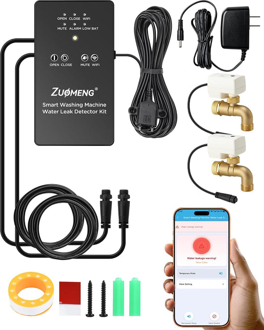 WiFi Washing Machine Water Leak Detector Kit with App Alerts & Sound Light Alarm, Dual Power Supply, High-Precision Sensor, Automatic Hot & Cold Shut-Off Valves (3/4" 90°)