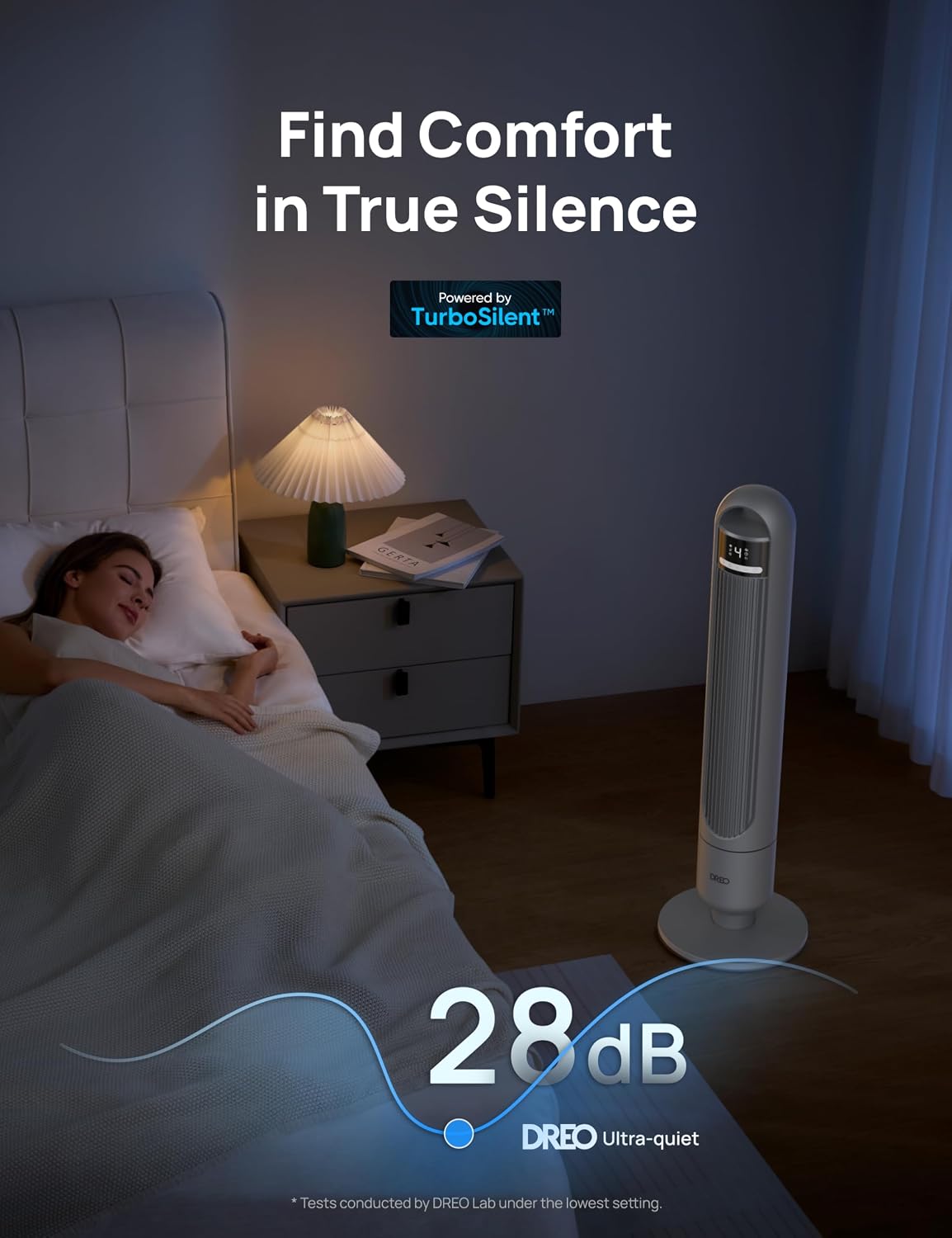 DREO Tower Fan for Bedroom, 26ft/s Velocity, 90° Oscillating, 8H Timer | 4 Speeds, 3 Modes, 28dB Quiet Standing Fan, Floor Fan for Room, Living Room, Office, Home, Cooling Fan with Remote, Grey