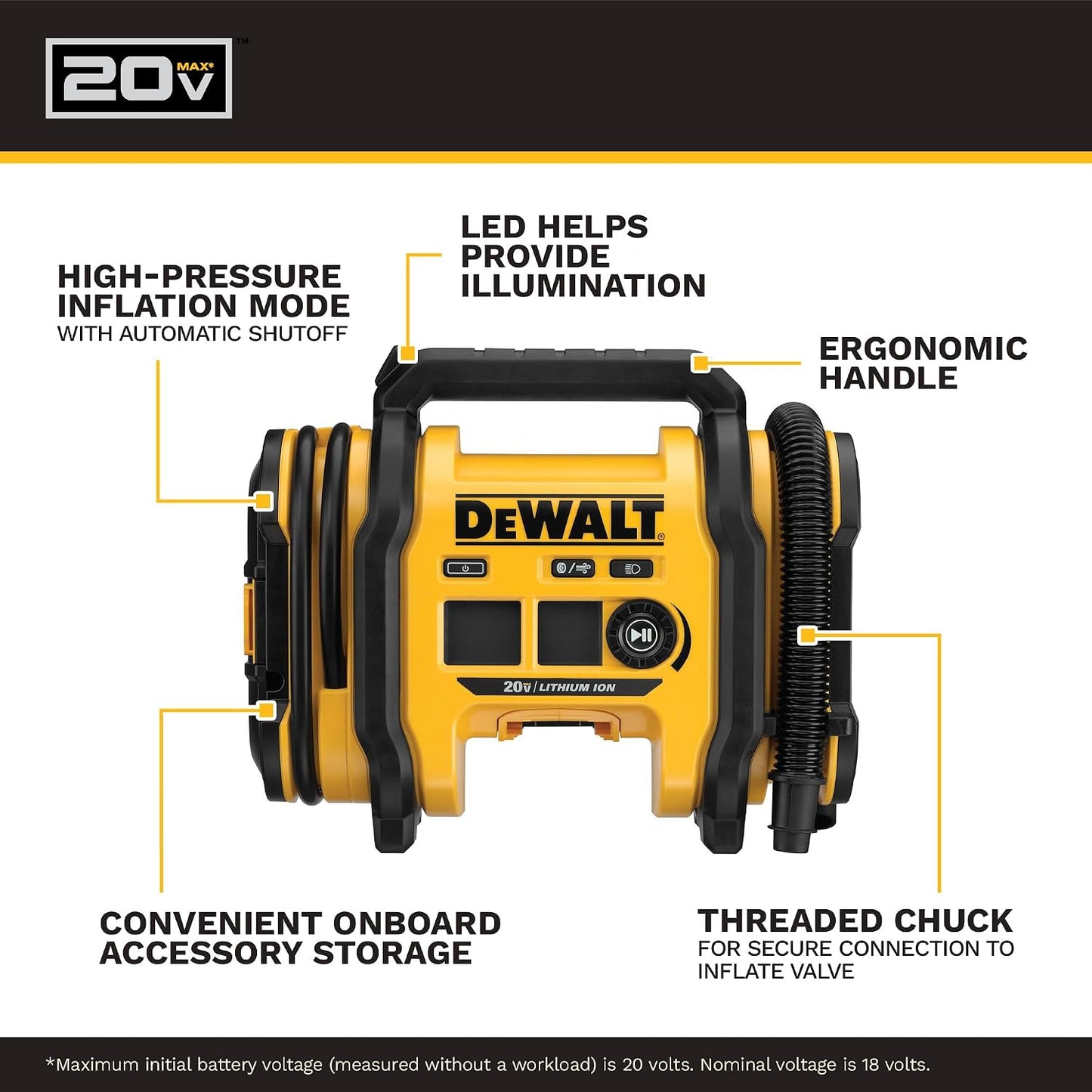 DEWALT Tire Inflator Portable Air Compressor 20V MAX, Car Air Pump with Automatic Shut Off, LED Light, Tool Only (DCC020IB)