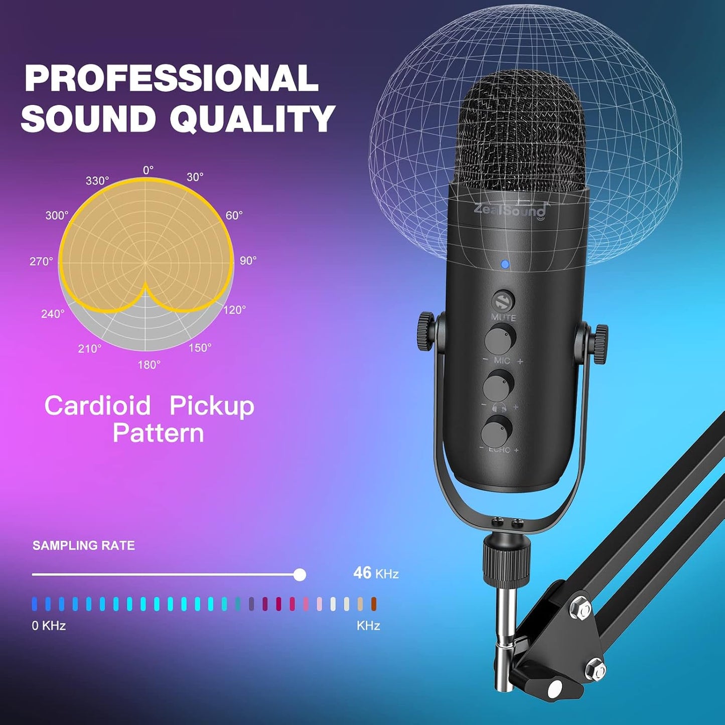 ZealSound Podcast Microphone with Boom Arm, USB Mic with Noise Reduction, Mute, Echo & Volume Control, Zero-Latency Monitoring, Compatible with PC Mac iPhone & Android, for Podcasting Gaming YouTube