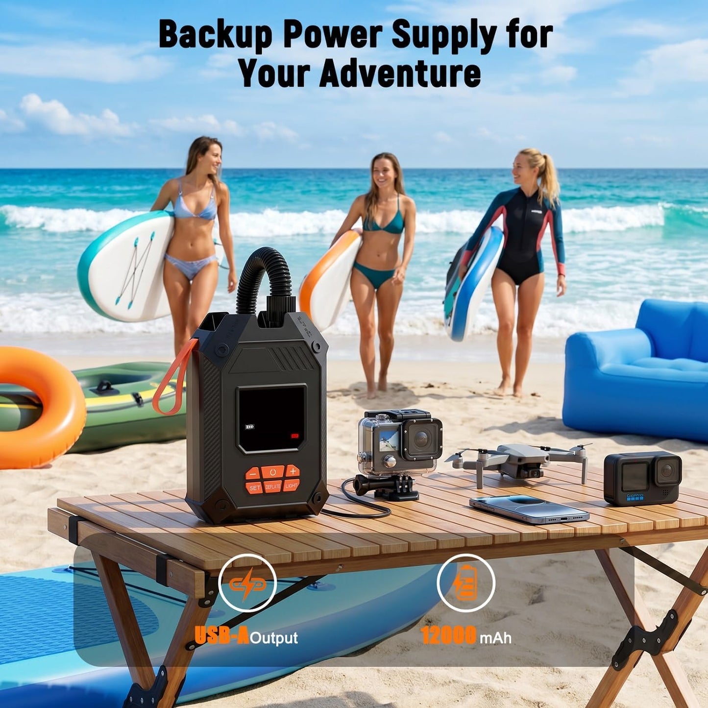 Paddle Board Electric Pump Portable 45 PSI, Dual Powered Rechargeable & 12V DC Air Sup Pump for Car Tires, Paddleboards, Kayak, Tents, Mattresses & Water Sports Inflation & Deflation, Auto-Off