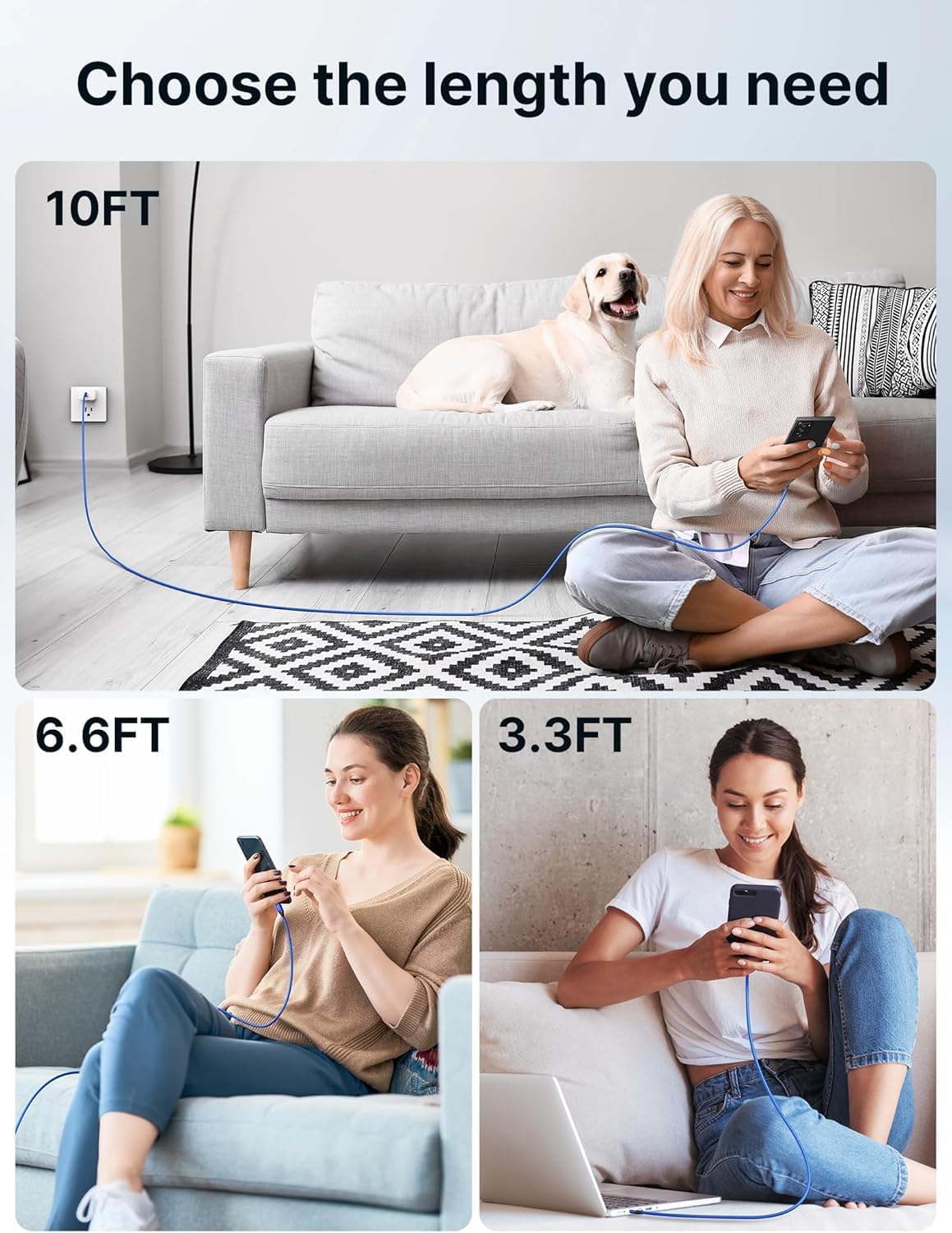 JSAUX USB C Cable Fast Charging, USB to USB C Cable 3-Pack (10+6.6+3.3FT)