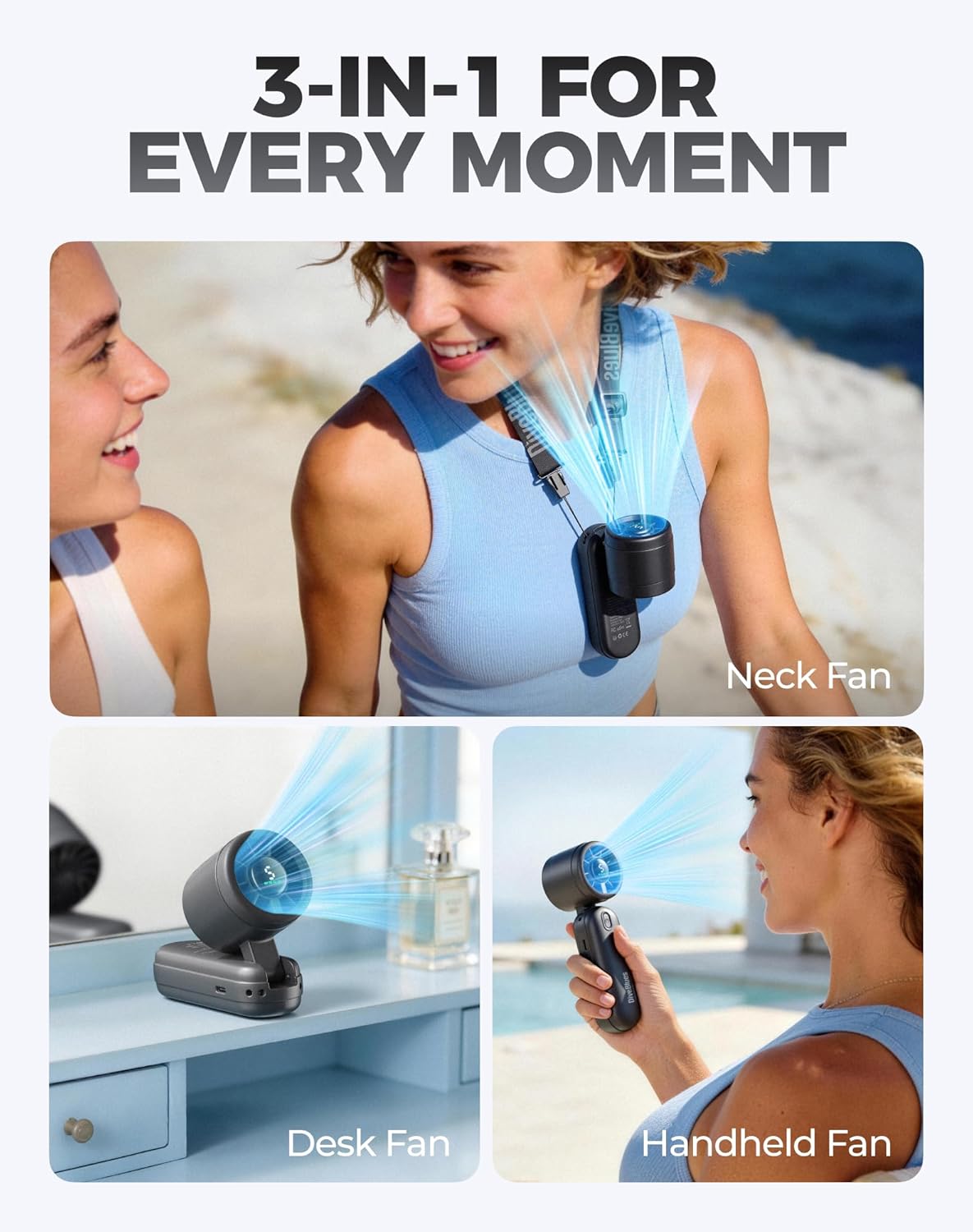 Diveblues Mini Portable Handheld Turbo Fan 27ft/s, 4000mAh Battery | Quiet Motor, 12H Max Cooling, 5 Speeds, LED Display, 3-in-1 Handheld/Neck/Desk Fan for Travel, Cruise & Disney Essentials