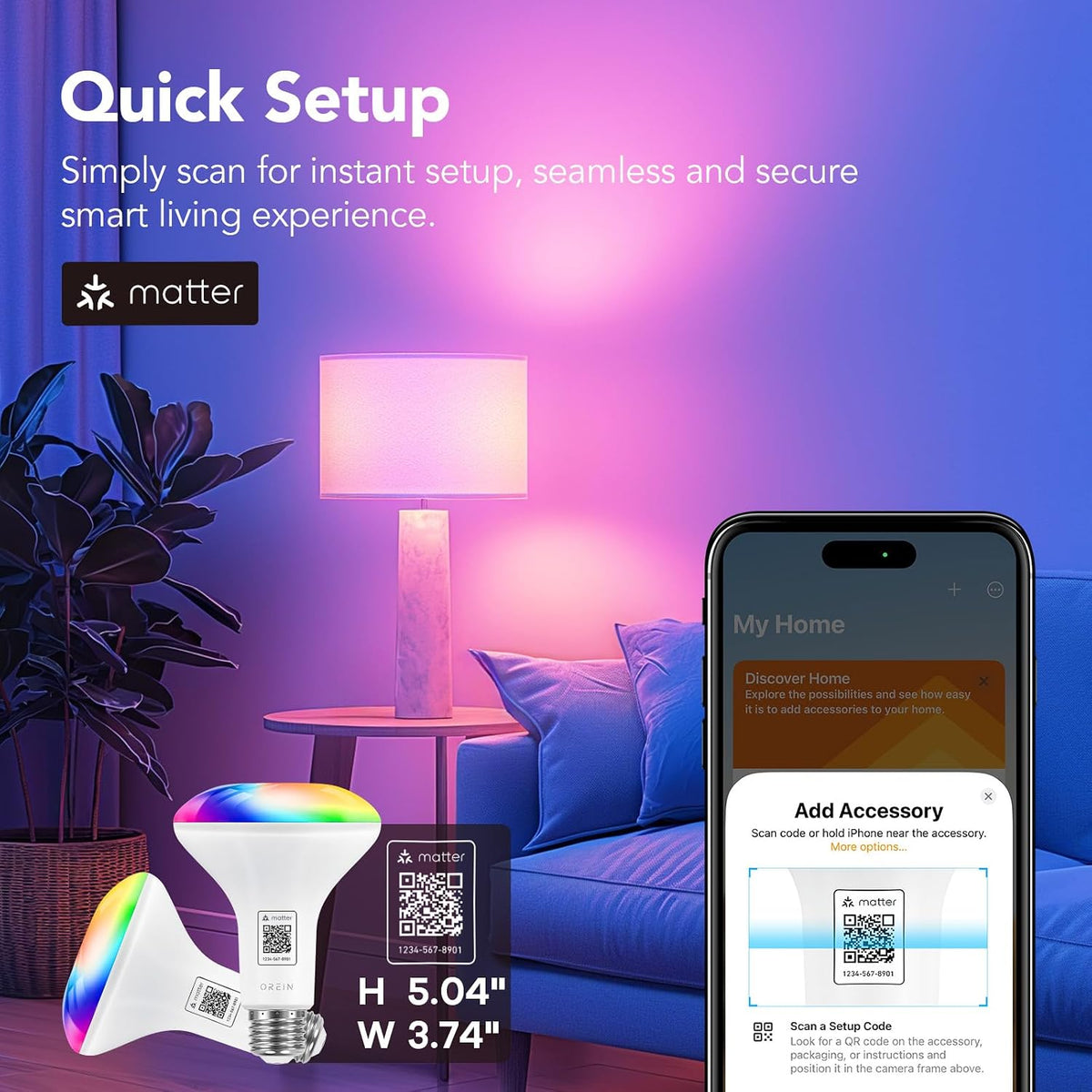 OREiN Matter BR30 Smart Light Bulbs, 60W 650lm RGBTW Color Changing, 4 Pack