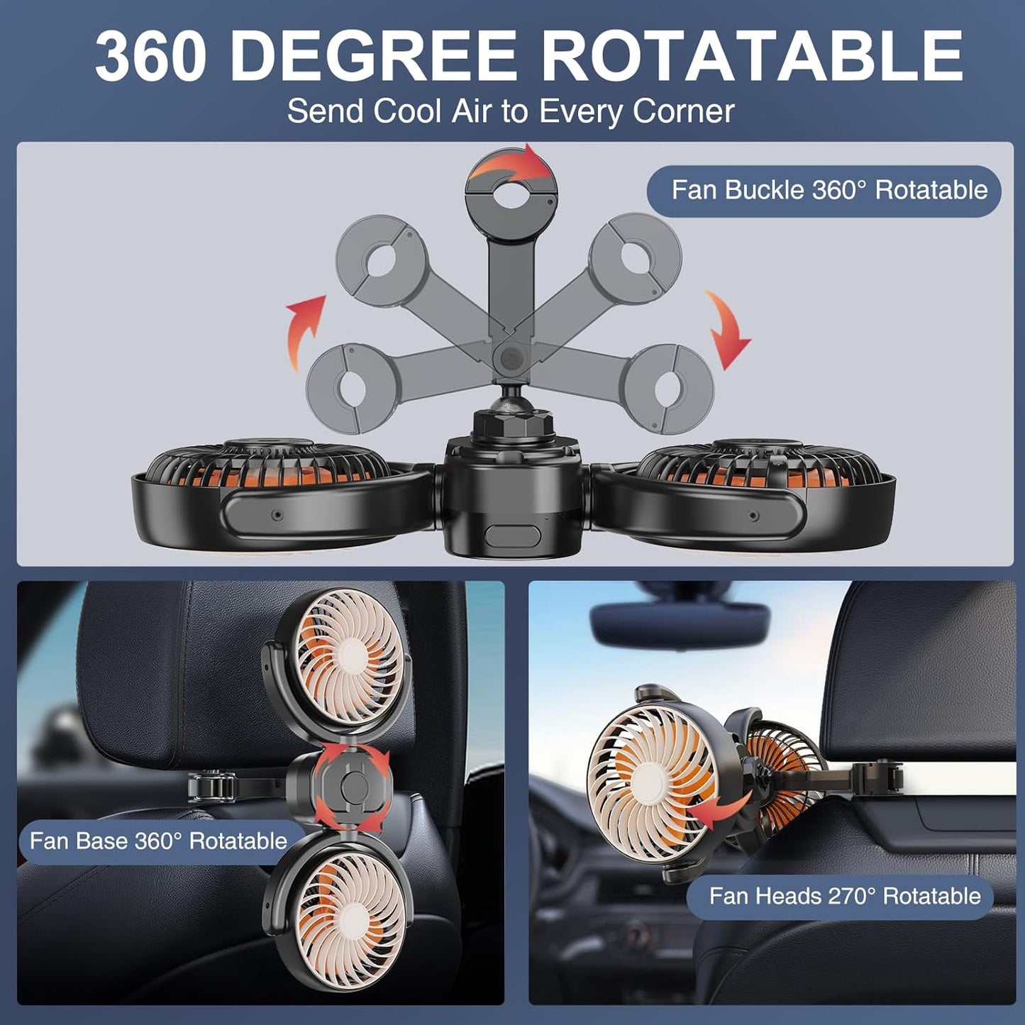 Dealswin Rechargeable Car Fan for Back Seat, Battery and USB Dual Power Car Fans for Baby Kids, Powerful 3 Speeds 360° Rotatable Dual Head Cooling Car Seat Fan