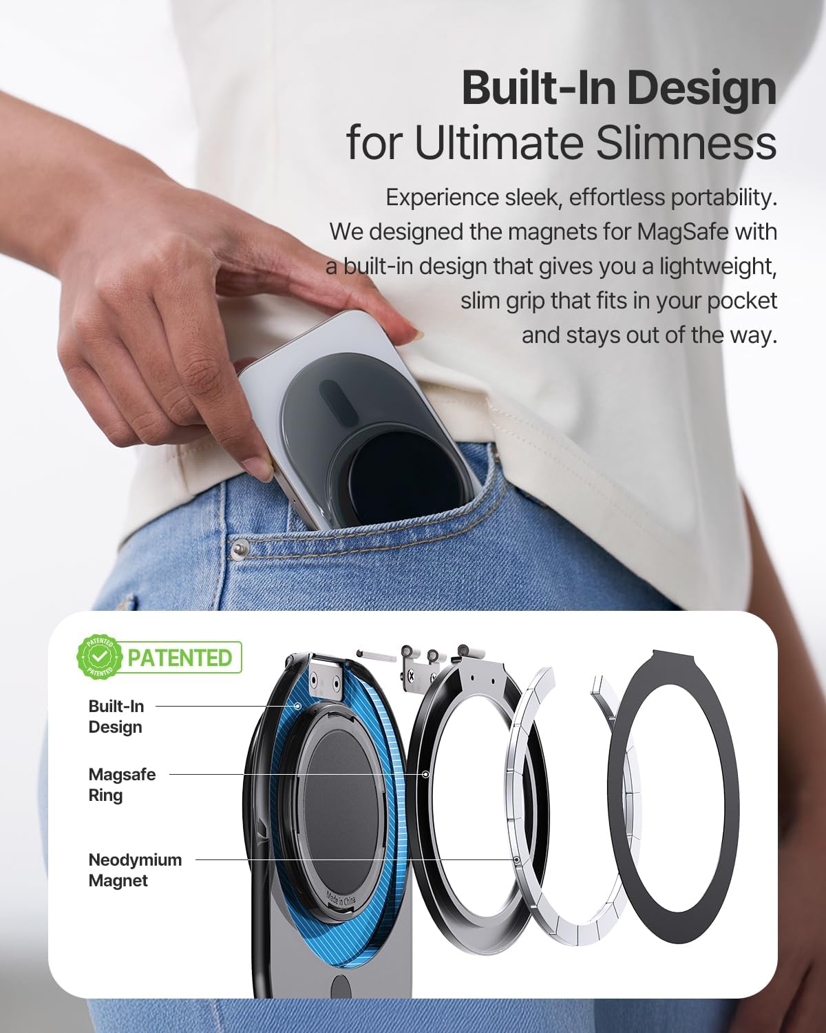 Sinjimoru Phone Grip Stand for MagSafe, Magnetic Kickstand, Clear Black | M-Tap Tok Stand, strong magnet, soft silicone grip, Adjustable Kickstand for Portrait or Landscape, metal plate included