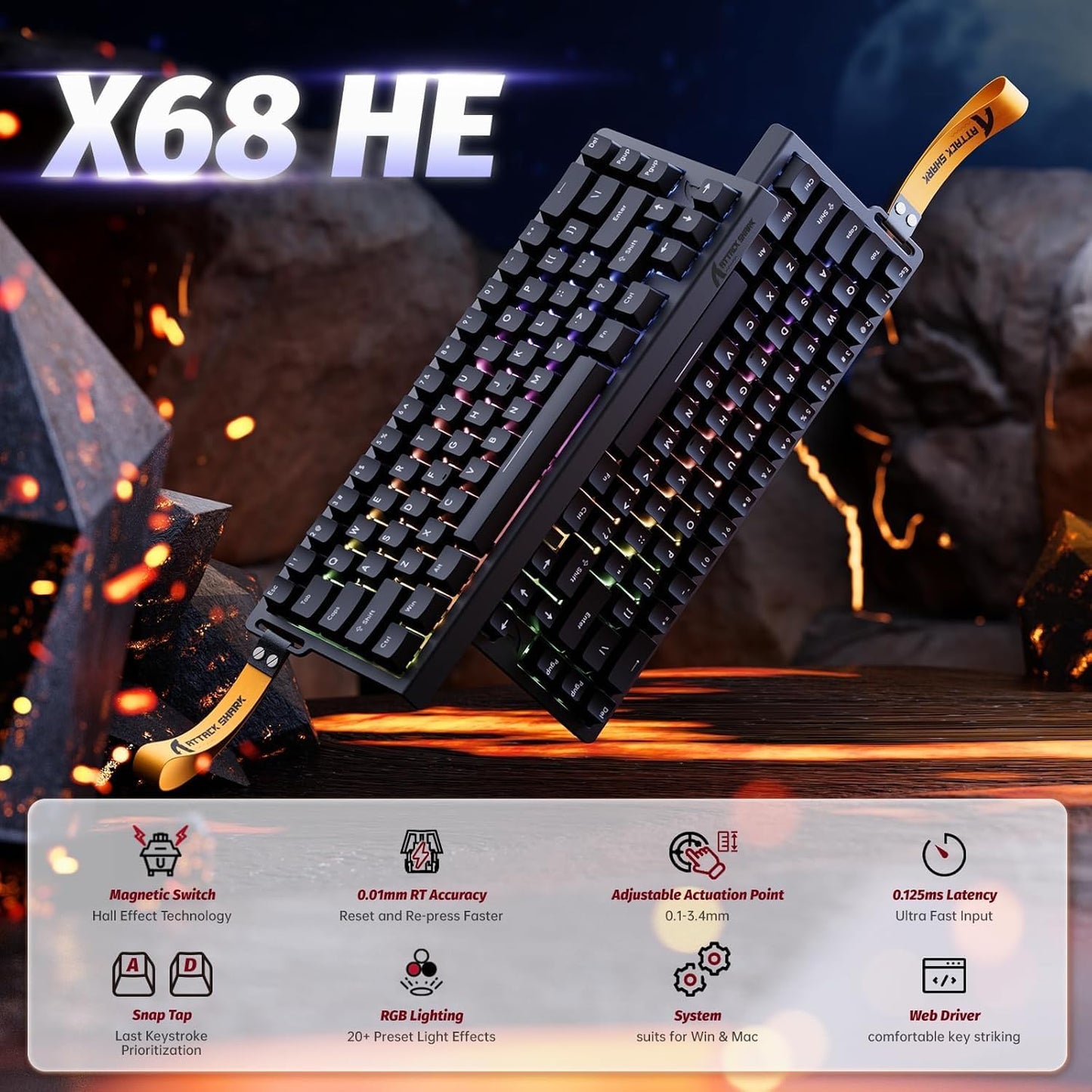 ATTACK SHARK X68 HE RT Mechanical Gaming Keyboard 60% Wired TKL-Black | Adjustable Actuation,Hall Effect Magnetic Switch,8KHz Polling Rate,RGB Backlit,Top Mount, Web Driver for PC Mac Esport Gamer