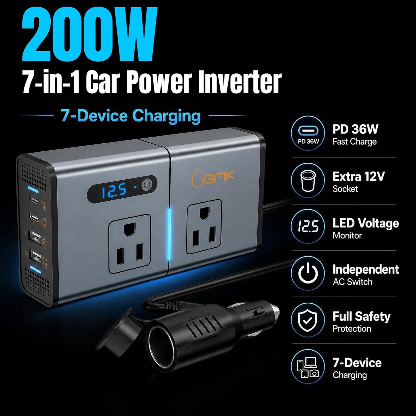 200W 7-in-1 Car Power Inverter DC 12V to 110V AC with Dual PD 36W USB-C & QC 3.0 30W, 2 AC Outlet Car Plug Adapter, LED Voltage Display, Quiet Cooling Fan for Laptop Road Trip Camping
