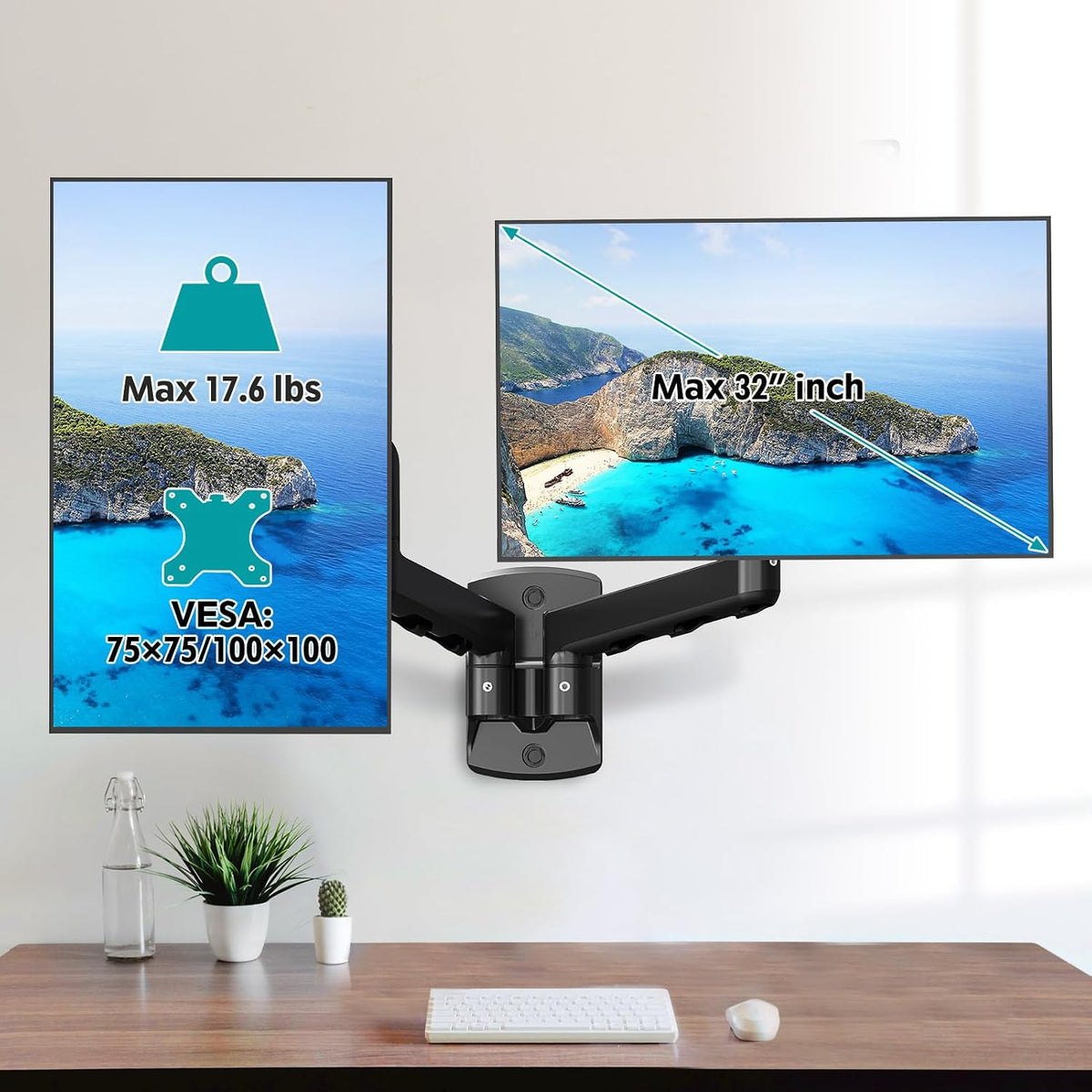 Dual Monitor Wall Mount for 13-32" Computer Screens