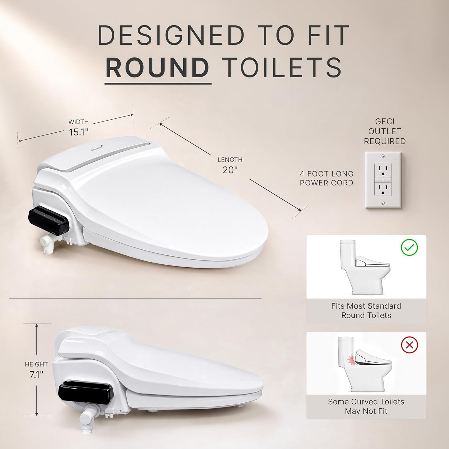 SmartBidet® SB-1000 Smart Bidet Electric Bidet Toilet Seat with Heated Seat, Warm Water, Air Dryer – Remote Control, Round