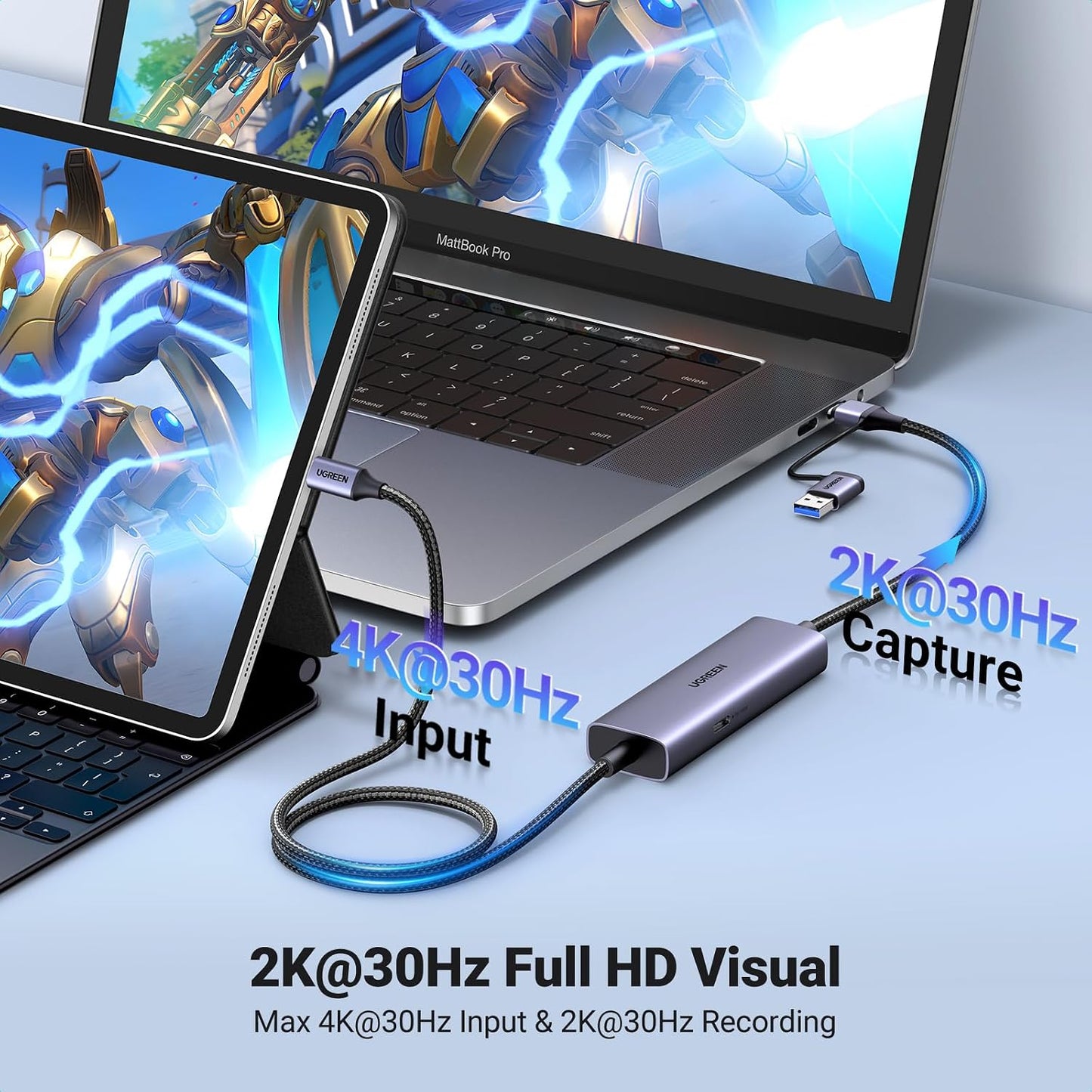 UGREEN 2K 30FPS 1080P 60FPS USB C Video Capture Card for Streaming, Gaming | 100W Power Delivery, Type C to 4K USB3.0, Compatible with Switch 2, iPad, Quest 3, Steam Deck, iPhone 17