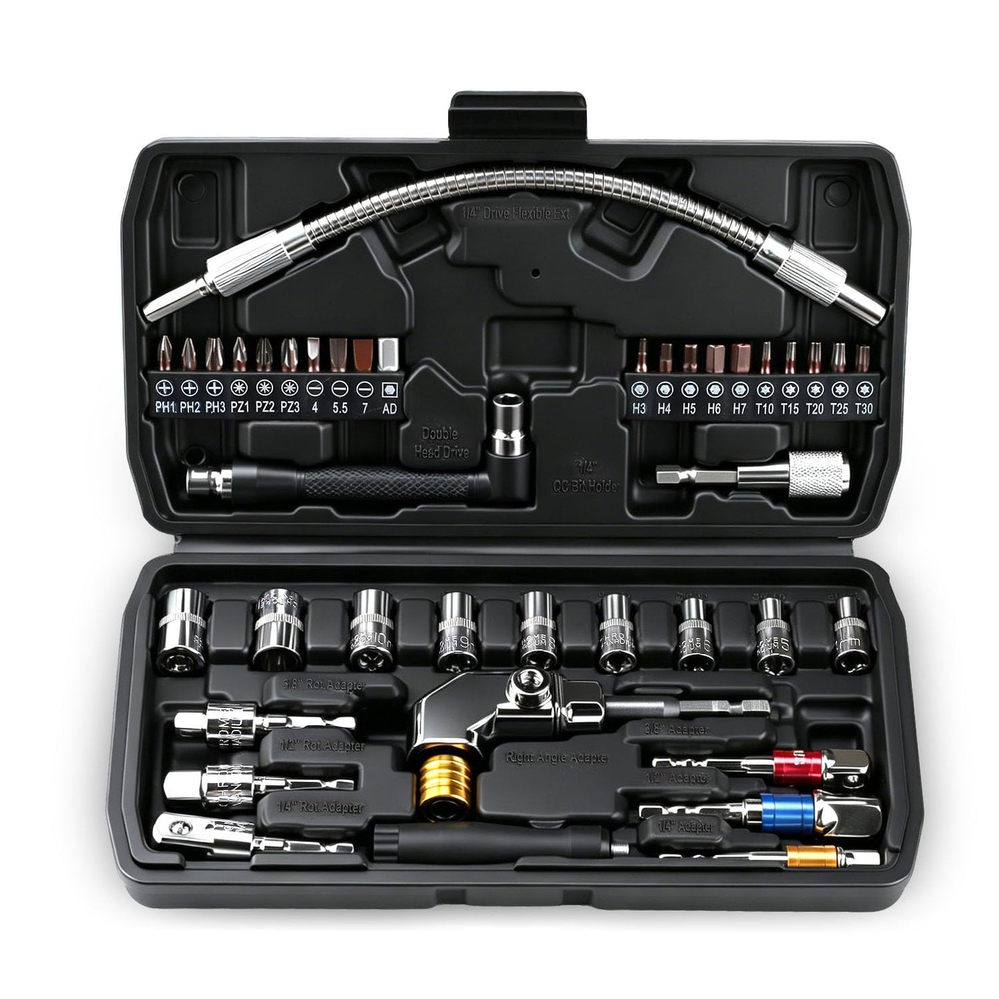 39PCS Flexible Drill Bit Extension Set | Includes 105° Right Angle Adapter, 4-12mm Metric Sockets, Screwdriver Bits, Double Head Drive with Storage Case