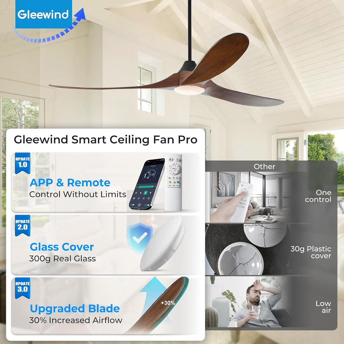 Outdoor Ceiling Fan with Light-Glass Lamp, 52 inch 3 Blade Wood Propeller Ceiling Fans with Lights and Remote Control for Patios, Exterior Damp Rated High CFM Ceiling Fans Modern Smart APP, Walnut