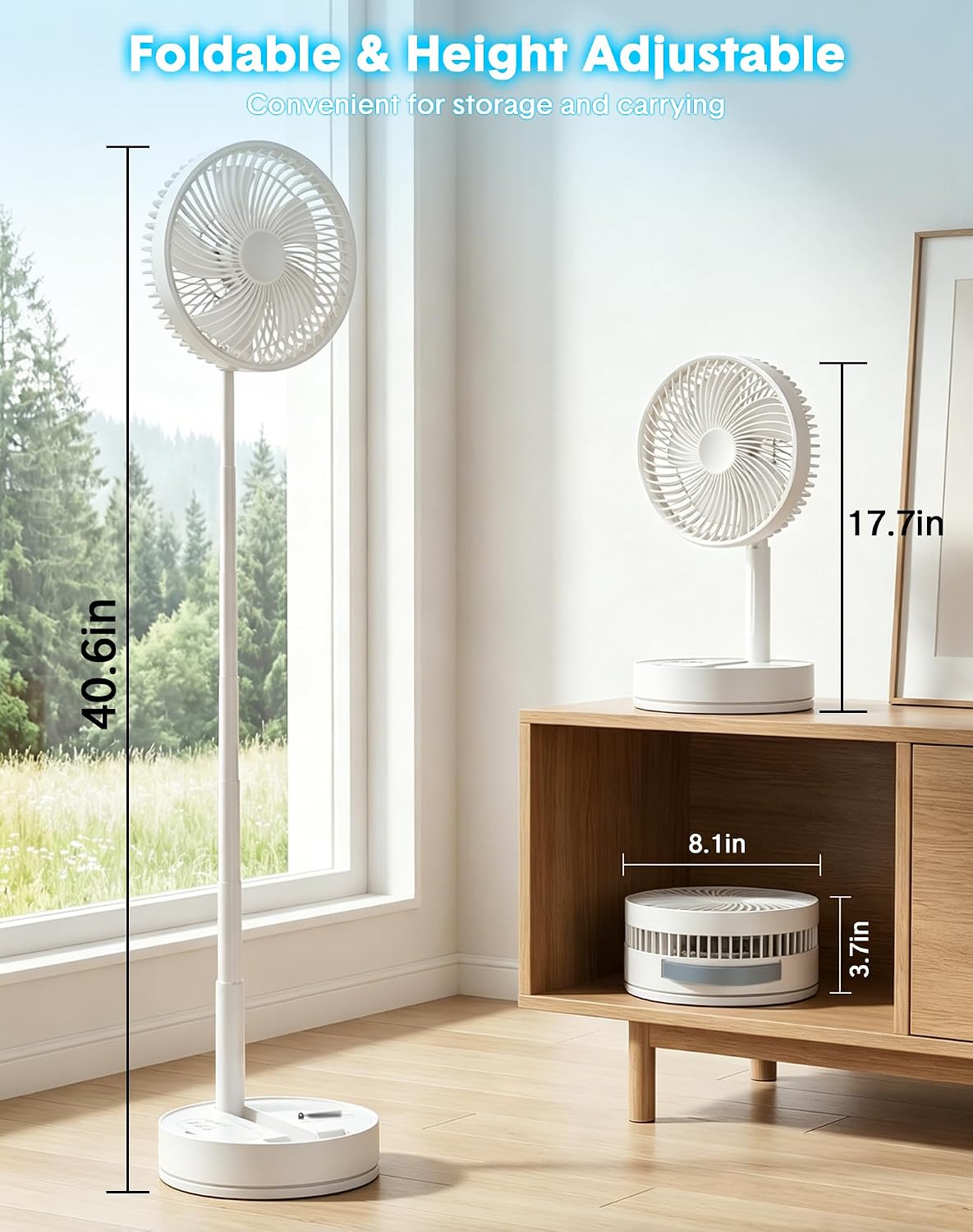 Portable Rechargeable Oscillating Travel Fan - 8" 8000mah Battery Operated | USB Standing Quiet Fans for Bedroom, Remote Folding Pedestal Floor Foldable Ventilador, Cruise Camping Table Desk Room, White