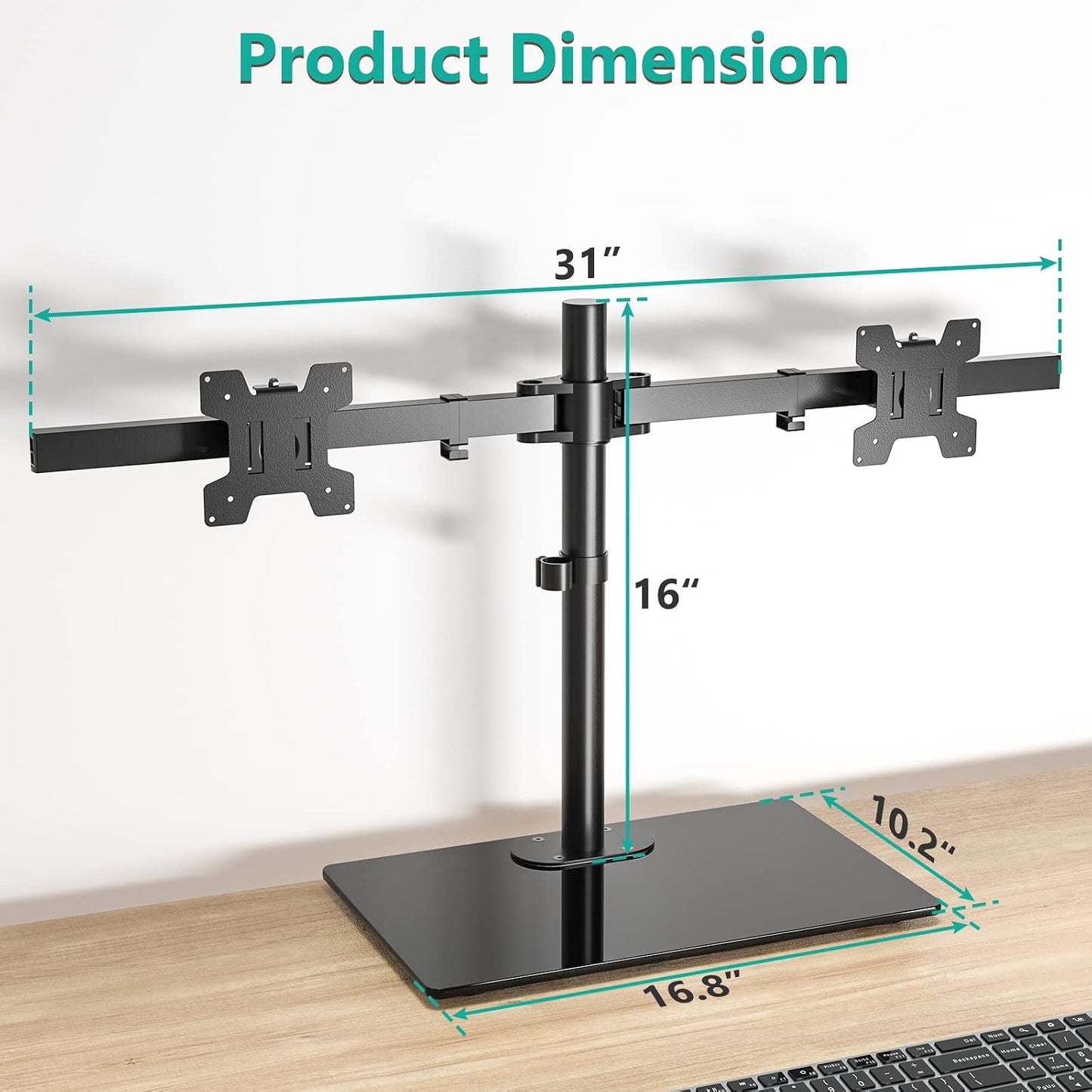 WALI Free Standing Dual Monitor Stand, Height Adjustable Monitor Mount with Glass Base, Fits LCD LED Flat Curved Screen up to 27 inch, 22lbs, with Grommet Base (GMF002)