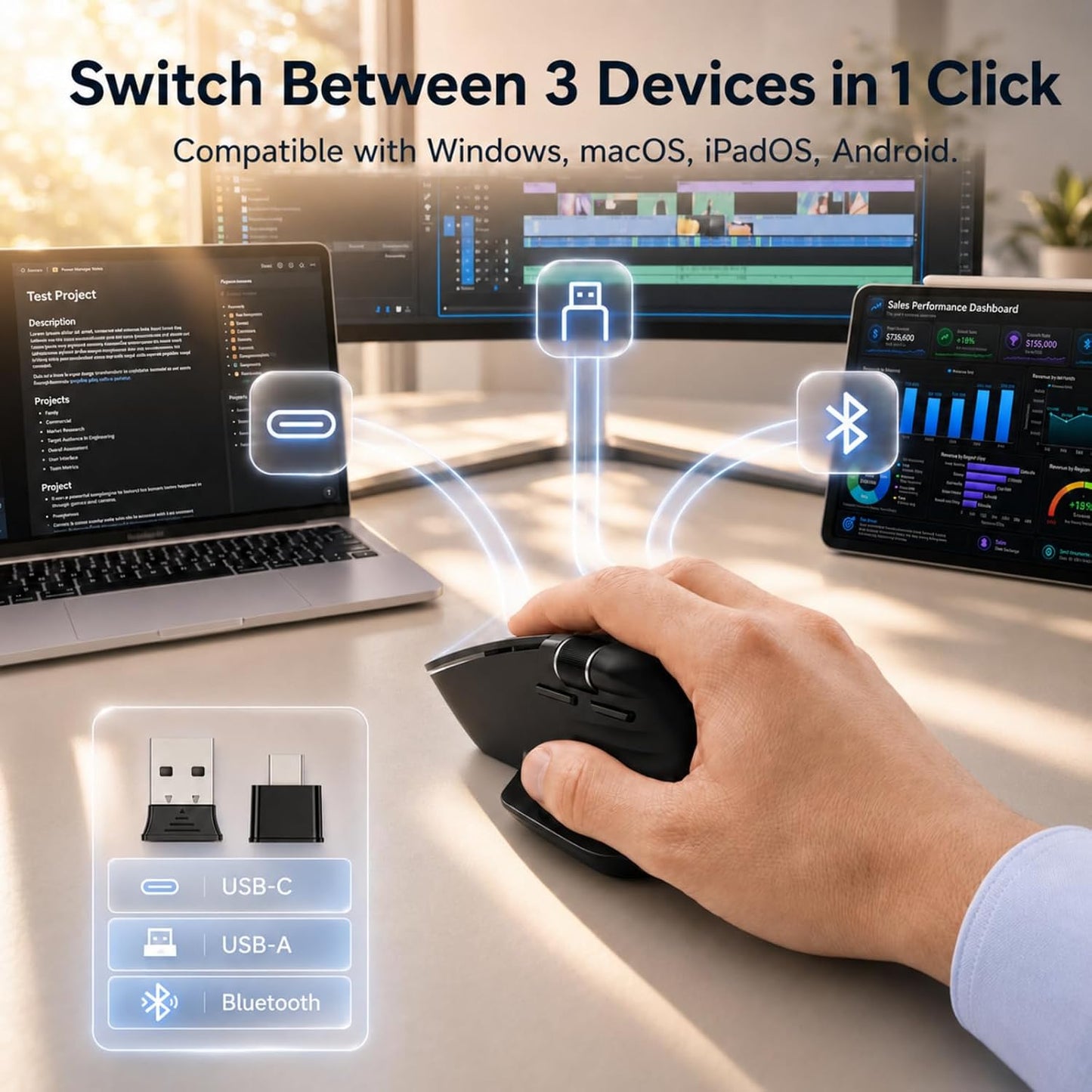 PHILIPS Ergonomic Wireless Mouse, Multi-Device Bluetooth (USB-A/C) for Laptop & Mac/PC, Silent Productivity Mouse with Side Scroll, 5-Level DPI Rechargeable Computer Mouse, Right-Handed Comfort