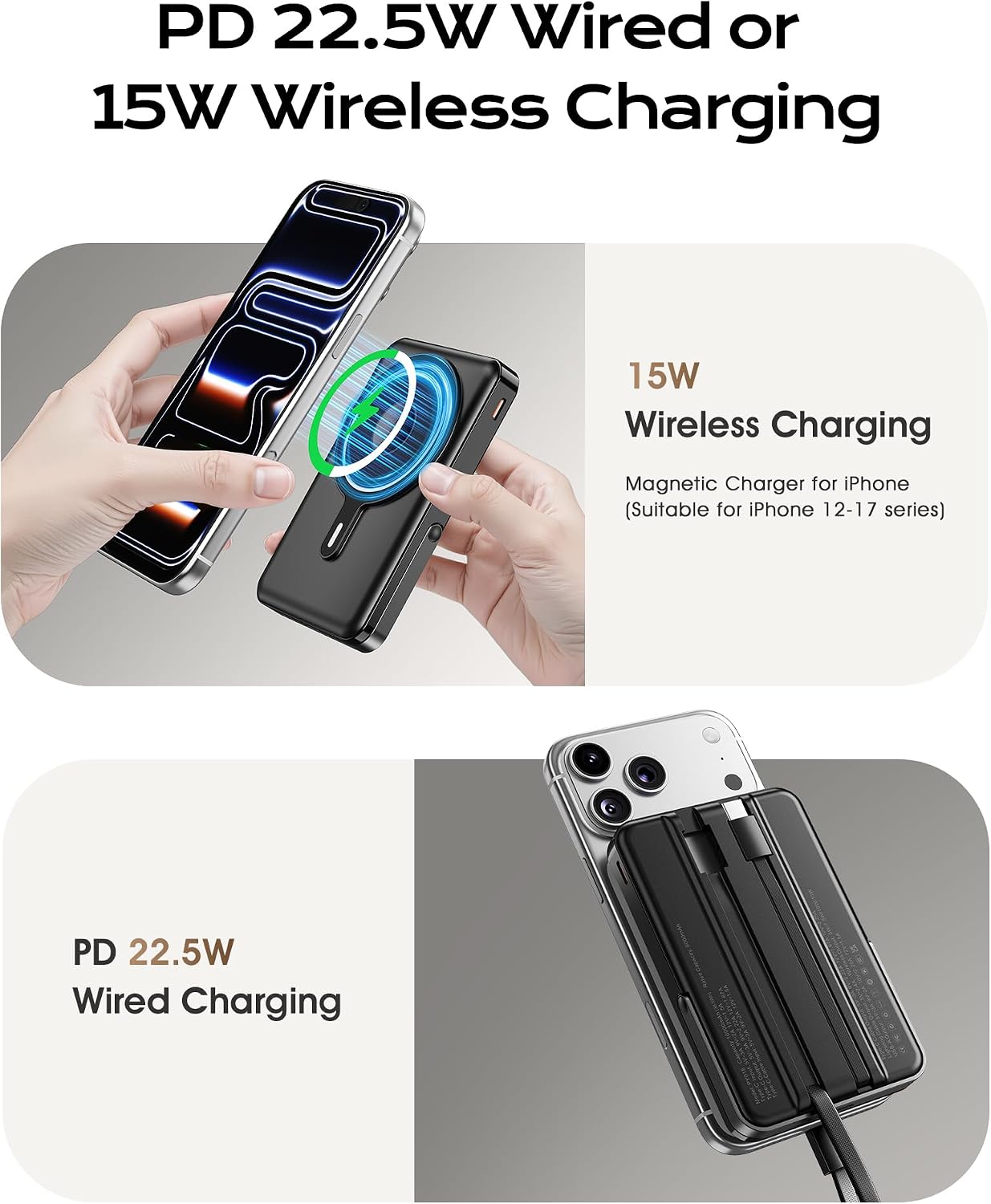 for Magsafe Portable Charger, 10000mAh Power Bank, Dark Black | PD 22.5W Fast Charging with USB-C Cable, Foldable Stand, Magnetic Wireless Charger for iPhone 17/16/15/14/13/12 Series