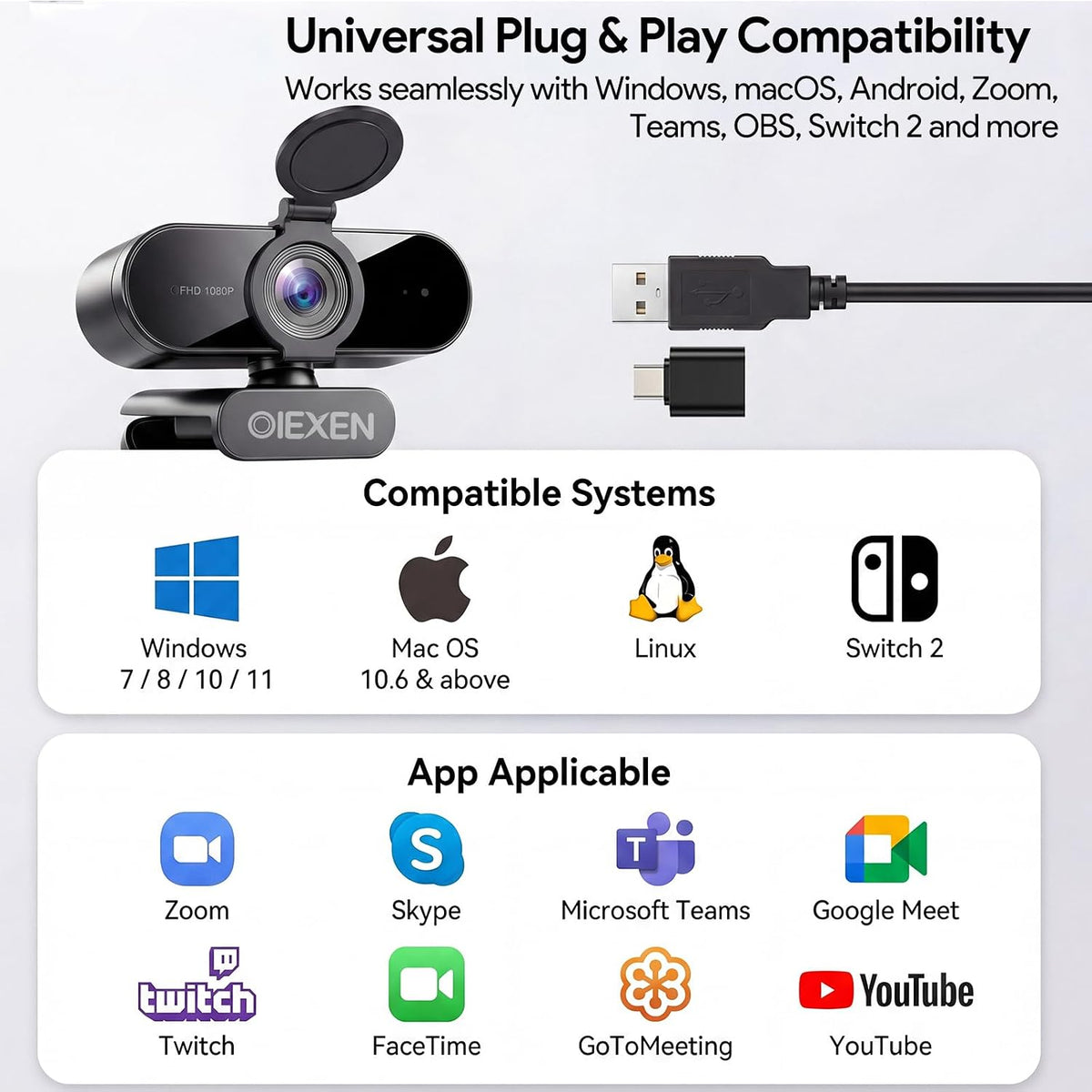 1080P Webcam with Microphone Noise Reduction Auto Exposure | 90°FOV Wide Angle Privacy Cover,USB-A to C Adapter,Plug & Play Streaming Camera for PC/Mac/Switch 2,Zoom/Teams/Skype/Meetings