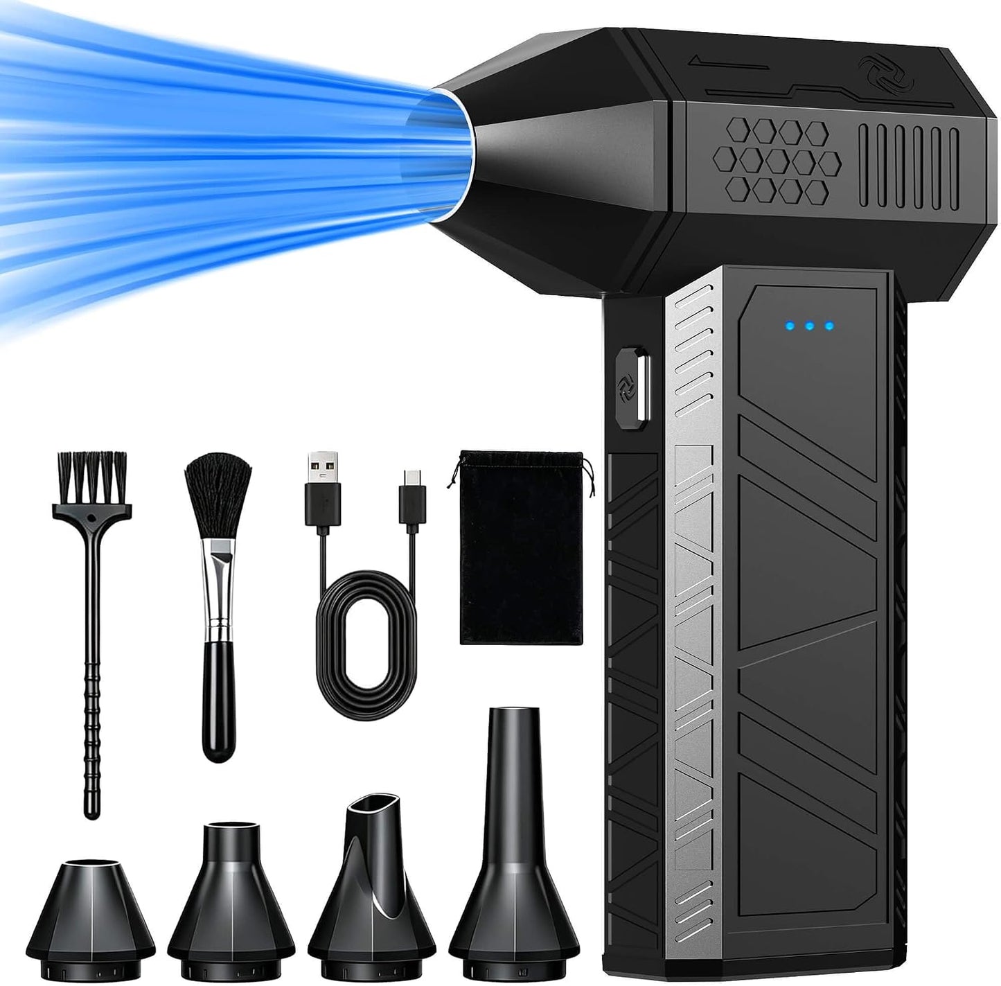 Compressed Air Duster-110000 RPM Super Power Electric Air Duster, 3-Speed Adjustable Rechargeable Cordless Air Blower with Fast Charging, 4 Nozzle for PC, Keyboard, Car, Home, Outdoor