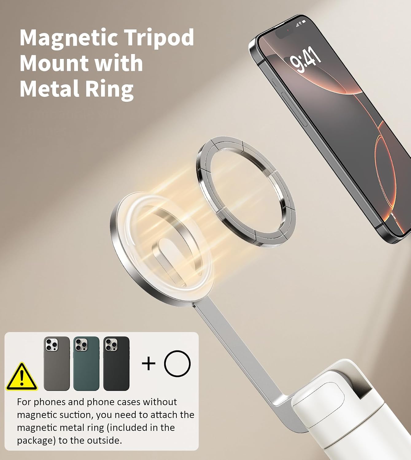 TONEOF 68" Magnetic Aluminum Phone Tripod Selfie Stick for iPhone & Android | Rechargeable Remote,360° Rotatable Foldable Cell Phone Stand Holder with Metal Ring,Travel Tripod for Magsafe (Beige Gray)