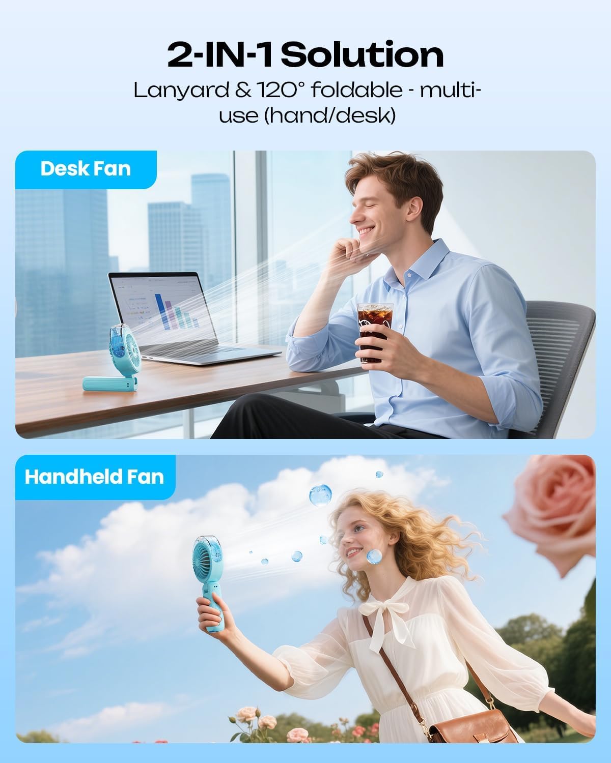 Otlonpe Handheld Misting Fan Portable, Powerful 4 High Speeds Rechargeable Small Hand Held Fan Water Mist, 4000mAh Battery Operated, Foldable, Lanyard, Personal Cooling for Travel Men Wome