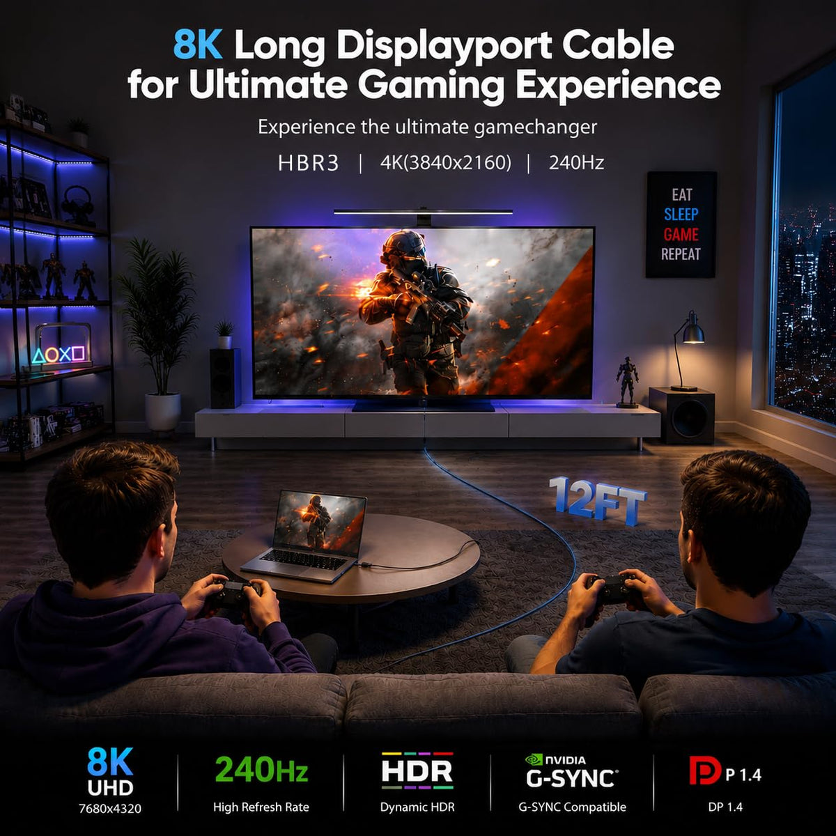 DisplayPort 1.4 Cable 12ft, 8K@60Hz, 4K@144Hz, 2K@240Hz