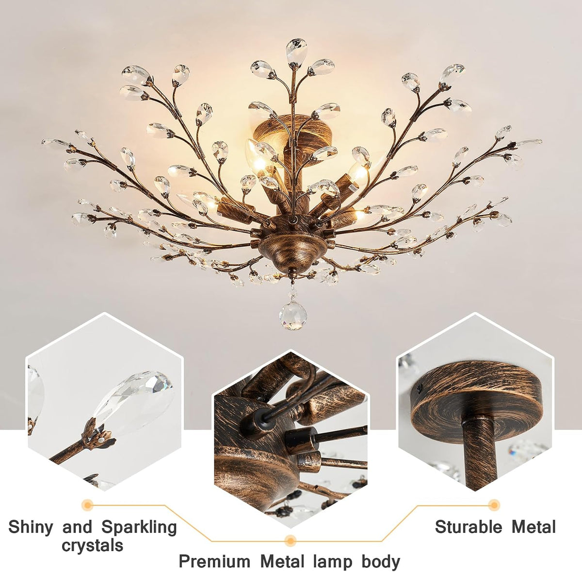 CVKASH 5 - Light Vintage Crystal Chandelier Modern Bronze Branche Ceiling Light Fixture Farmhouse for Kitchen Dining Room Living Room Bedroom Hallway Foyer