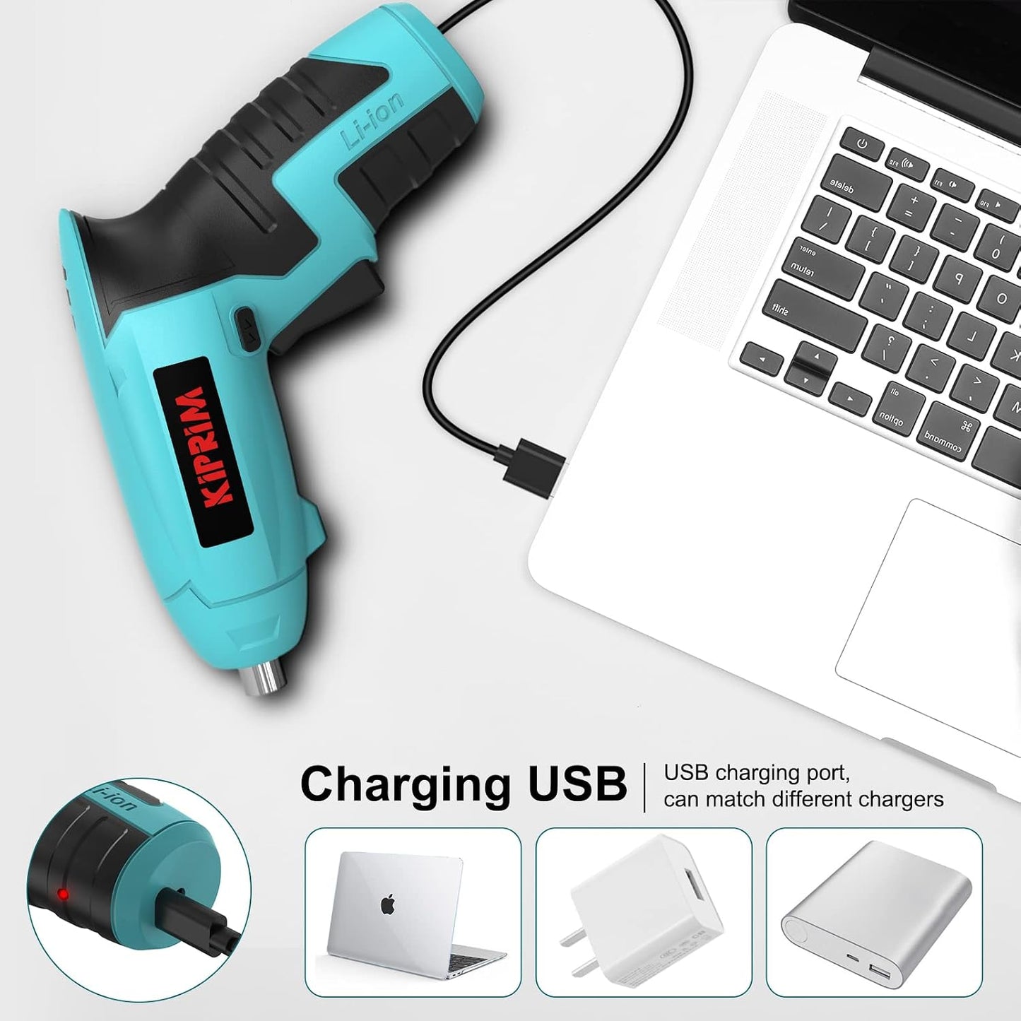 Kiprim ES3 4V Cordless Electric Screwdriver, Power Indicator Light Blue | Compact 4V cordless screwdriver with built‑in rechargeable battery.Equipped with front LED working light and power indicator.