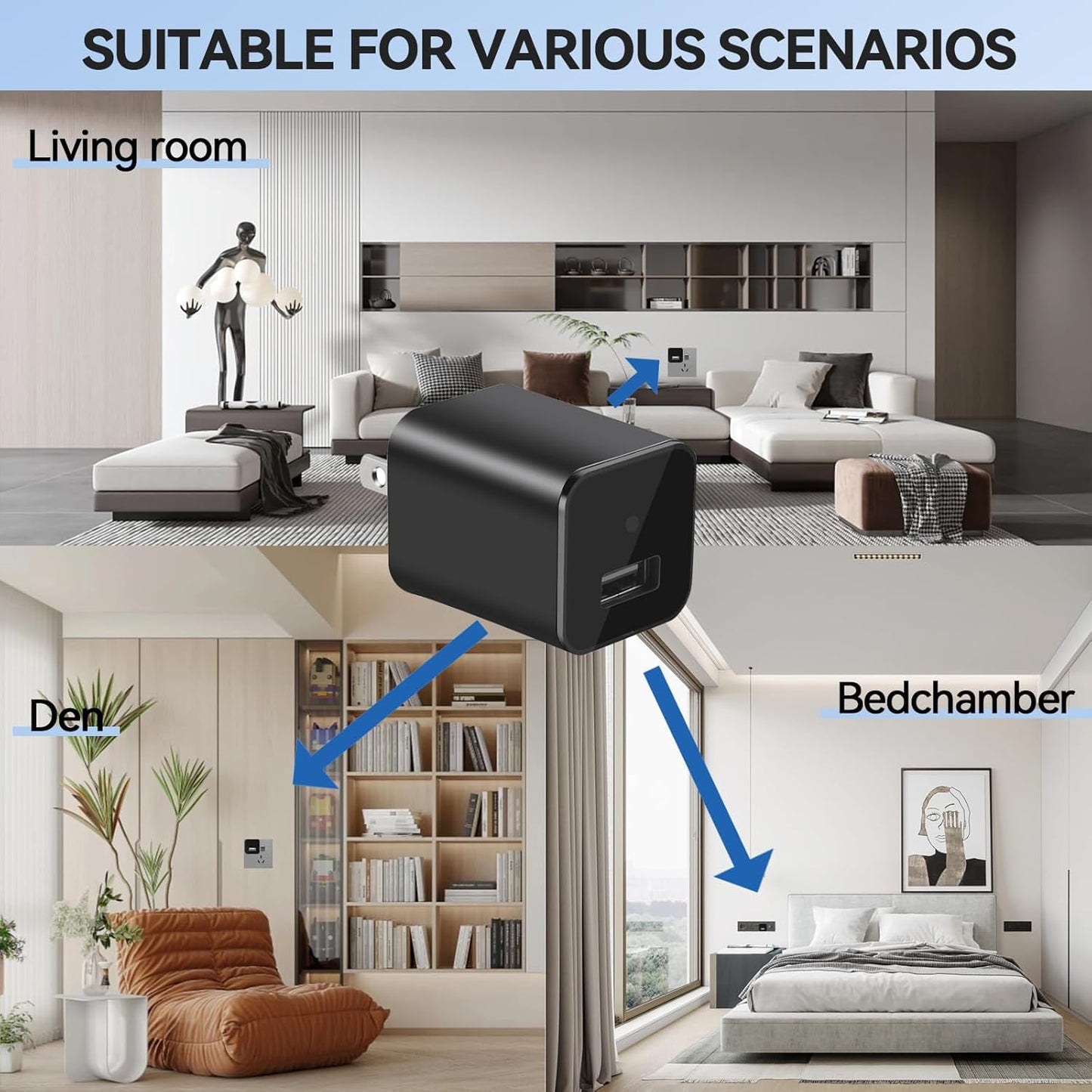 Charger Camera, 1080P Small Camera with Motion Detection, Camera with 64GB Micro SD Card Included, Nanny Camfor Home, Window, Indoor and Security (No WiFi)