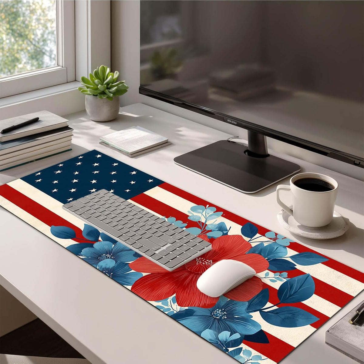 HOMETITUTE Mouse Pad 31.5 x 11.8 Inch American Flag Floral Desk Mat XL Large Extended Keyboard Mat Computer Desk Pad Non Slip Waterproof Mouse Pads Gaming Office Accessories